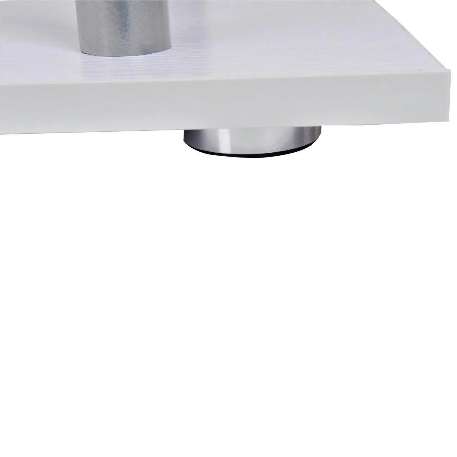Close-up of white wooden shelf with metal supports at ALL4U Retailer Ltd