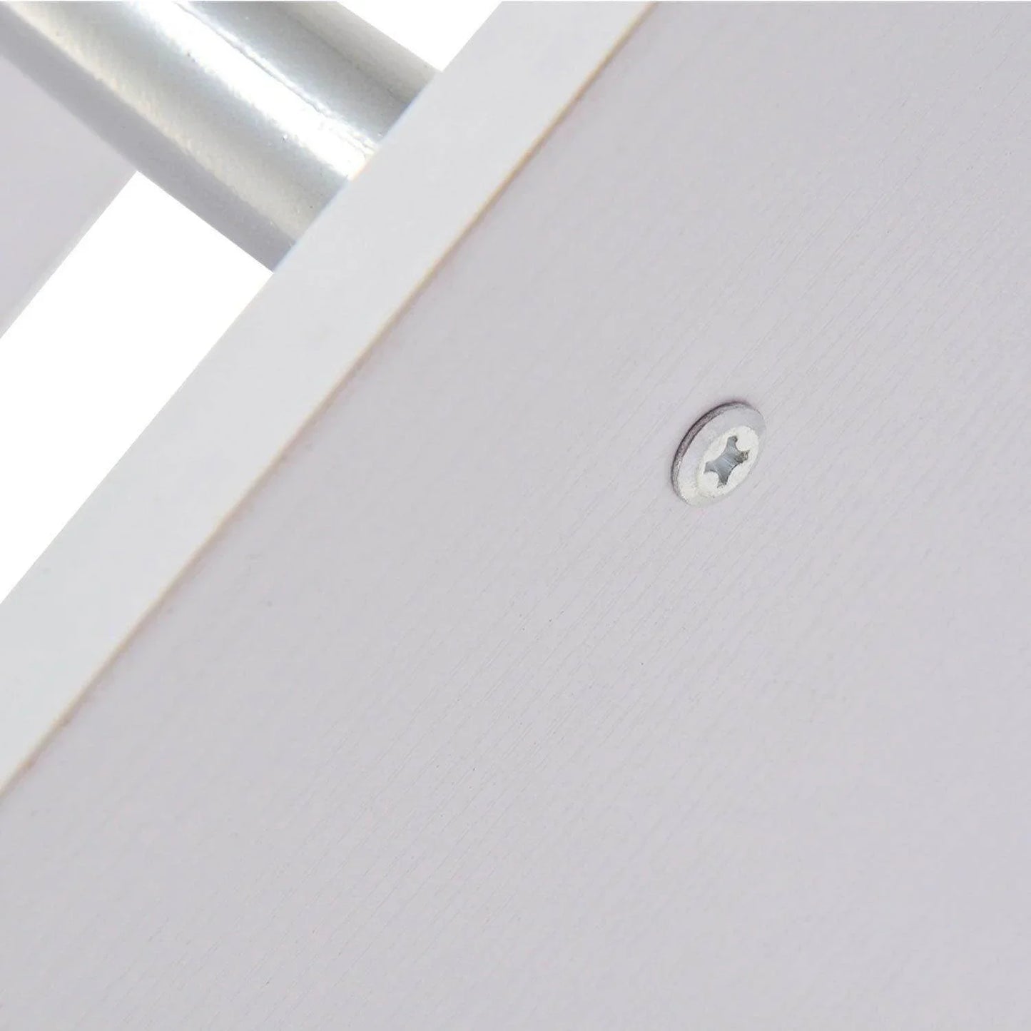 Close-up of white wooden shelf panel with metal support and screw detail from HOMCOM bookcase