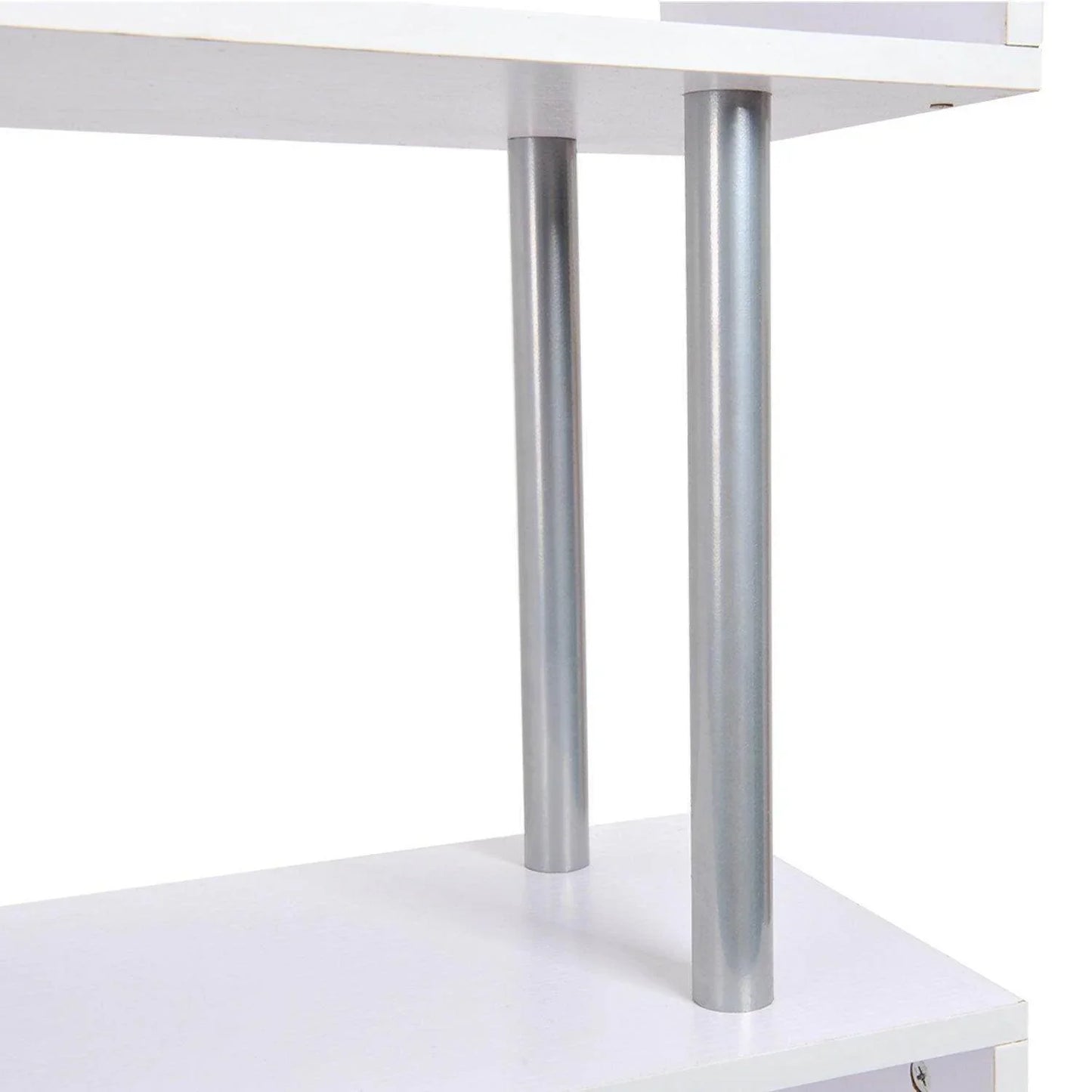 Close-up of white wooden S-shaped bookcase with silver metal support poles at ALL4U Retailer Ltd