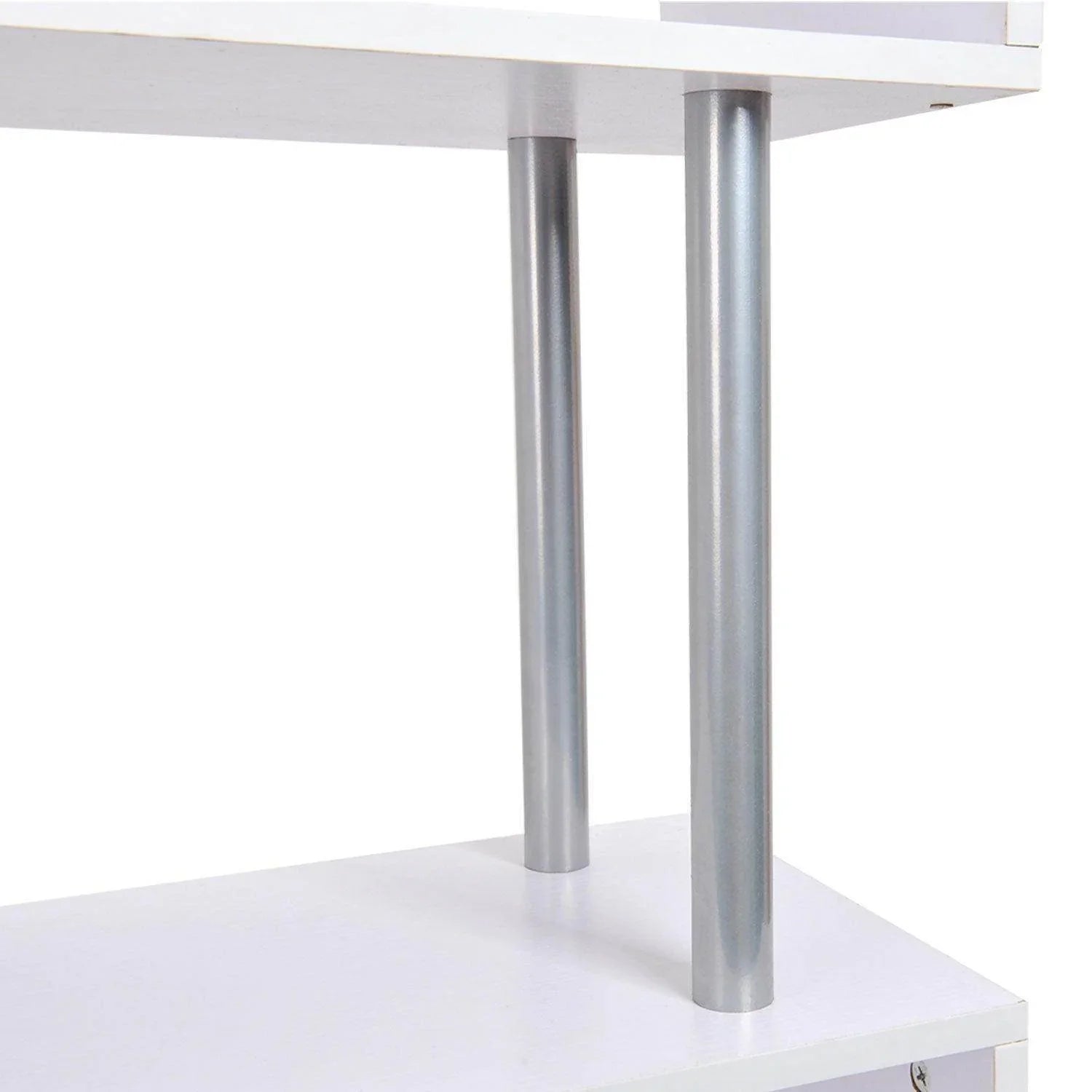 Close-up of white wooden S-shaped bookcase with silver metal support poles at ALL4U Retailer Ltd