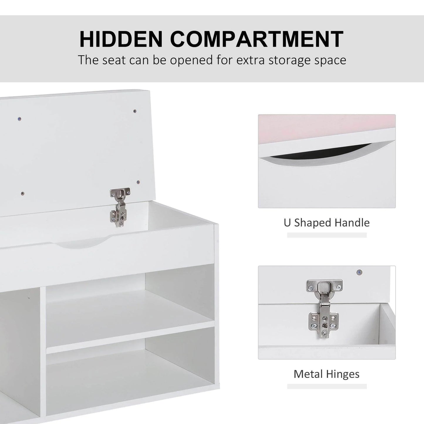 HOMCOM Wooden Shoe Cabinet Bench with Hidden Storage - White Pink - ALL4U RETAILER LTD