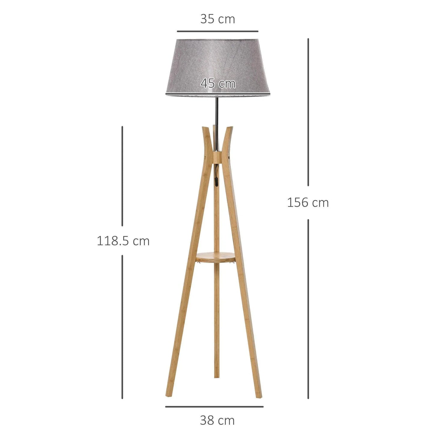 HOMCOM Wooden Tripod Floor Lamp with Shelf - Grey - ALL4U RETAILER LTD