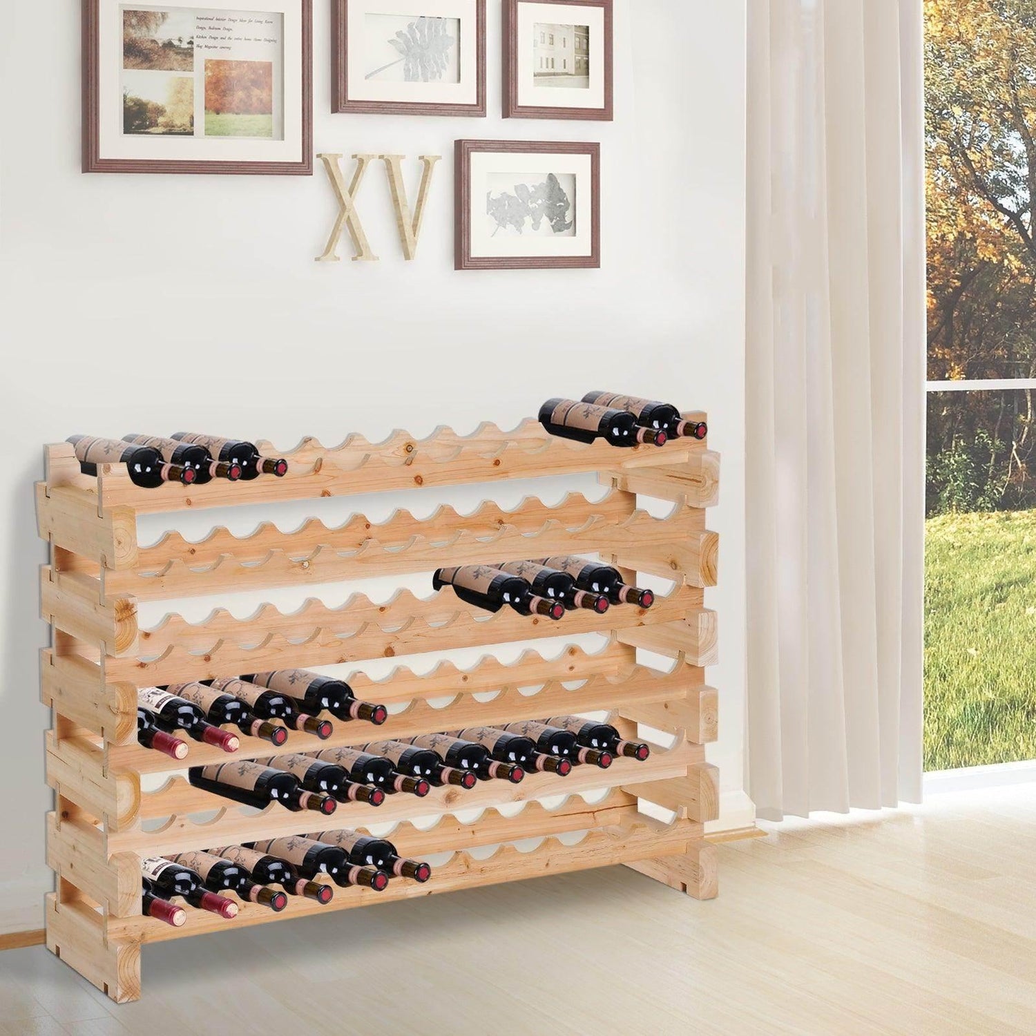Light wood 72-bottle wine rack with scalloped bottle cradles and stacked tiers