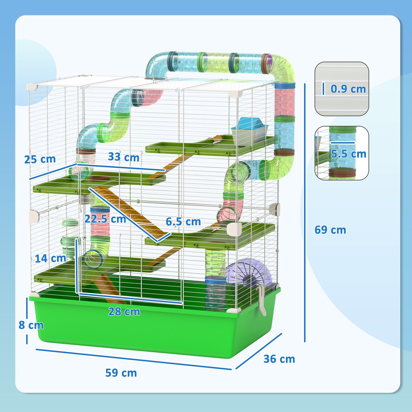 PawHut Spacious Hamster Habitat with Water Bottle, Exercise Wheel, and Fun Tubes - Green - ALL4U RETAILER LTD