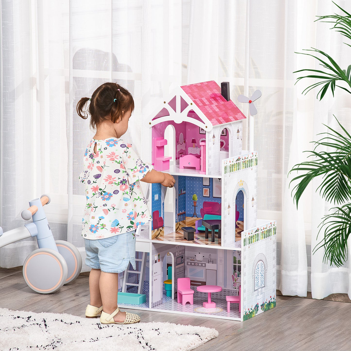 HOMCOM Multi-Level Pink Dollhouse Villa with Furniture Set for Toddler Girls - ALL4U RETAILER LTD