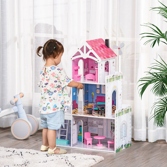 HOMCOM Multi-Level Pink Dollhouse Villa with Furniture Set for Toddler Girls - ALL4U RETAILER LTD