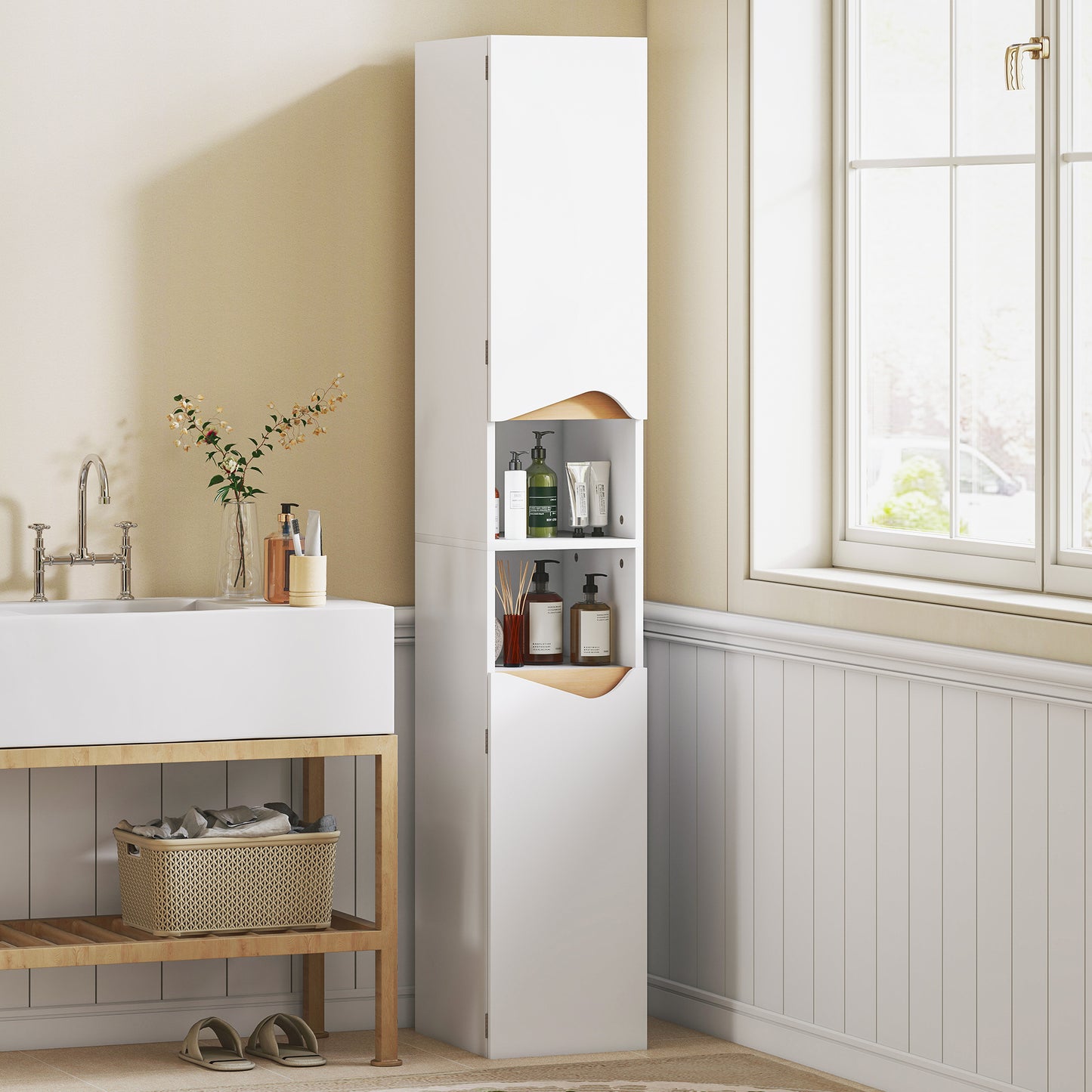 HOMCOM Tall Slim White Bathroom Cabinet With Two Doors And Adjustable Shelves For Bathroom Storage