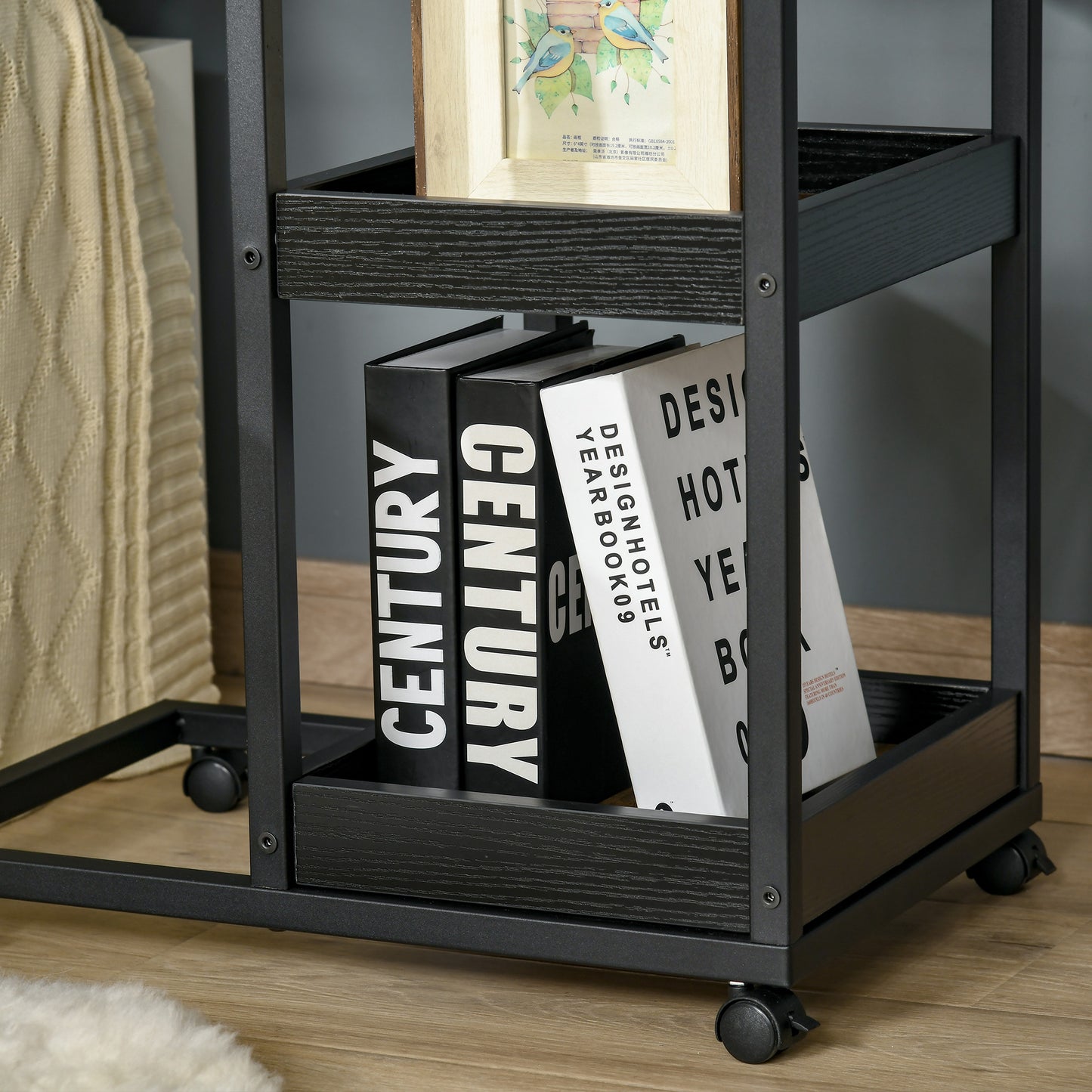 HOMCOM Mobile Sofa Side Table Set Of Two Industrial C Shaped Rolling Tables With 3 Tier Storage Dark Brown