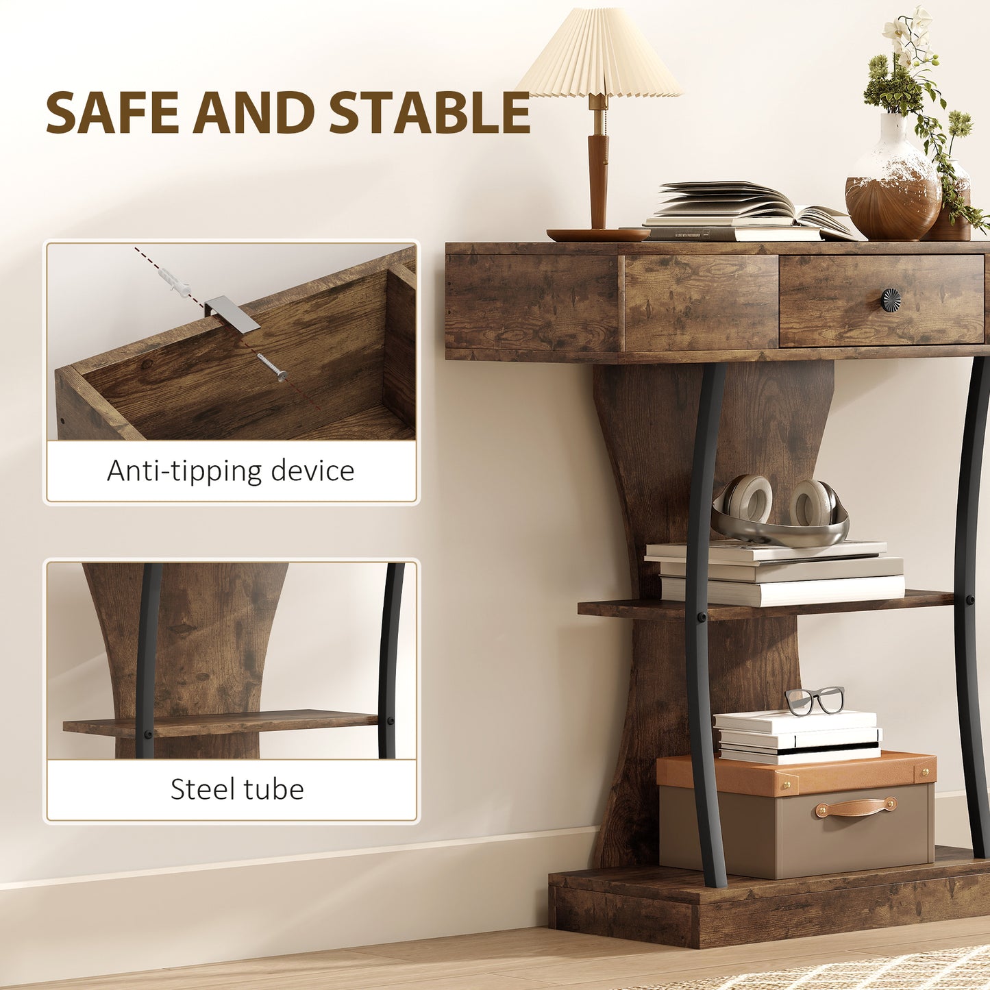 HOMCOM Console Table 3 Tier Industrial Hallway Table With Drawer And Storage Shelves Rustic Brown 91 32 87 cm