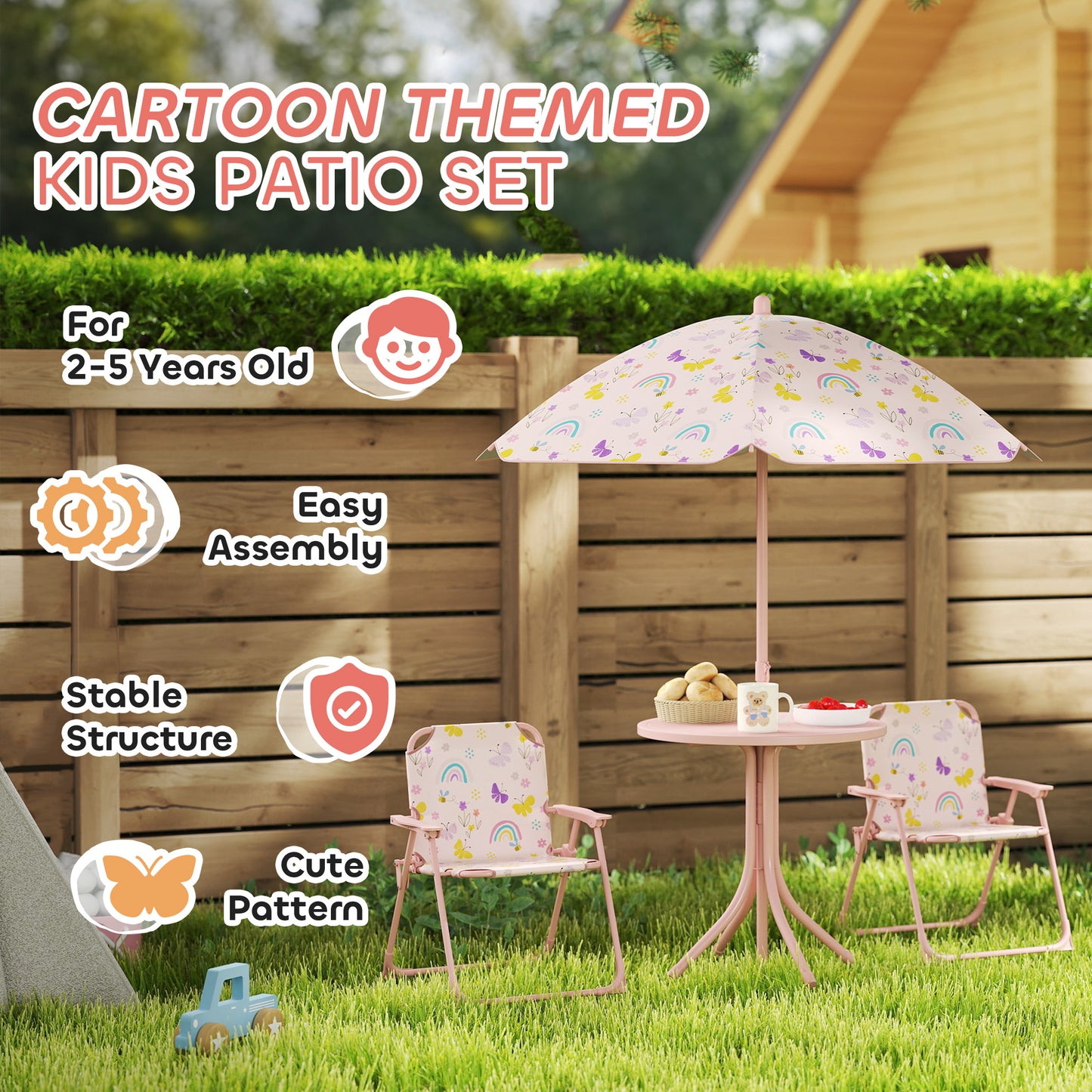 AIYAPLAY 4-Piece Foldable Kids Garden Table and Chair Set With Adjustable Parasol Pink Rainbow Pattern for Ages 2-5