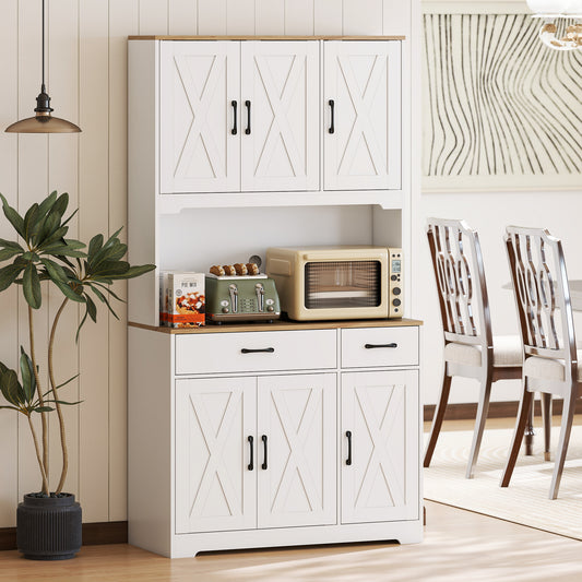 HOMCOM 175 cm Tall Kitchen Pantry Cabinet With Microwave Stand Freestanding White