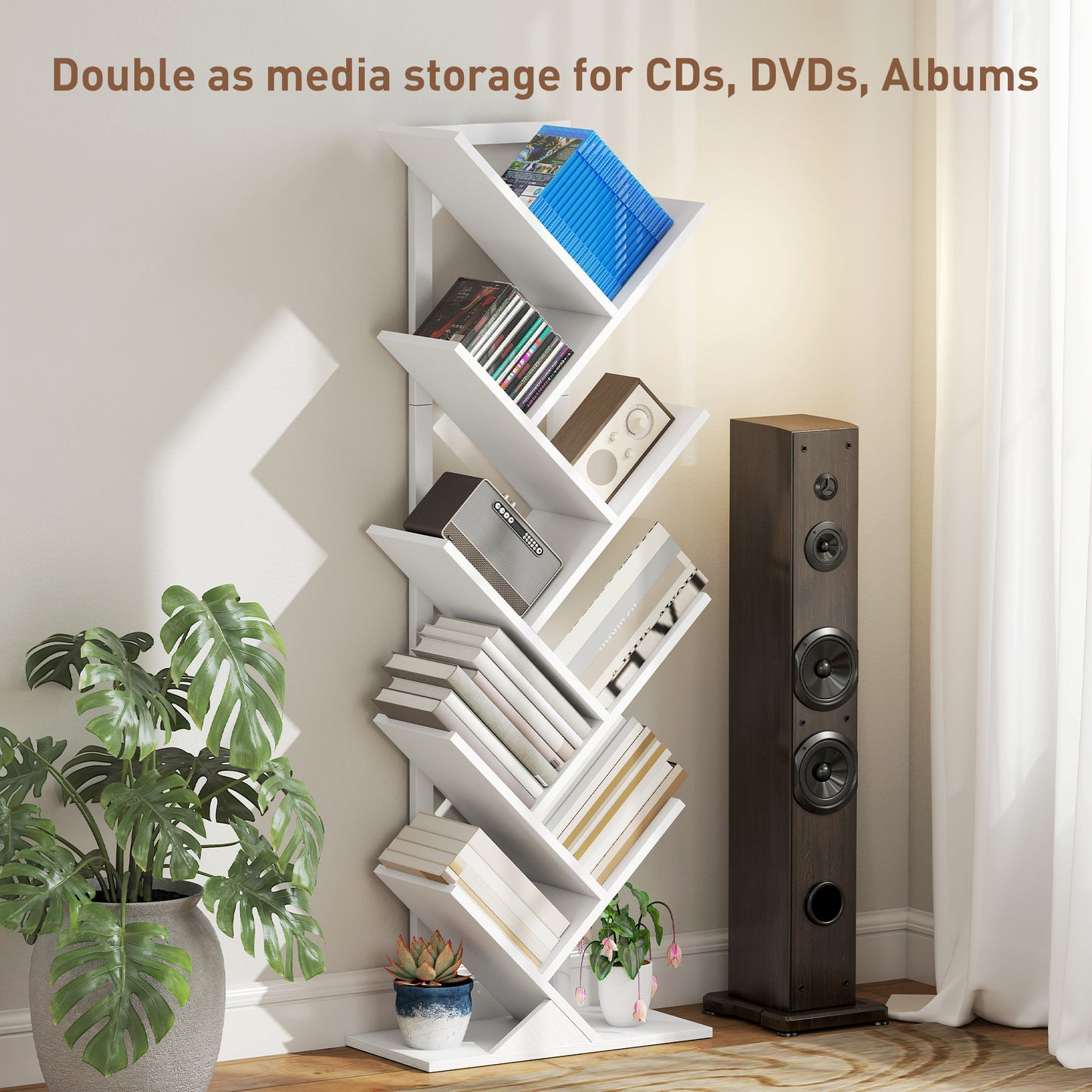 HOMCOM 9-Tier Tree Bookshelf Bookcase Freestanding Industrial Steel Frame Display Storage White