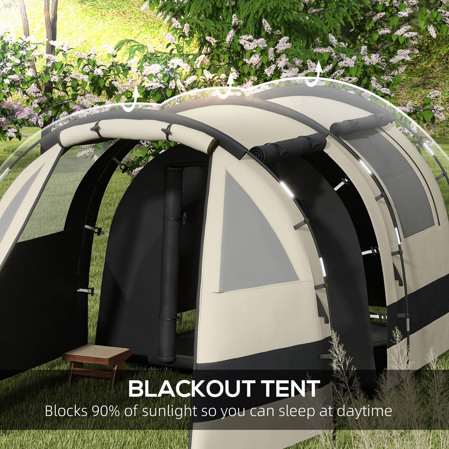 Outsunny Waterproof Blackout Tunnel Tent for 4-5 People with Bedroom and Living Space, Khaki - ALL4U RETAILER LTD