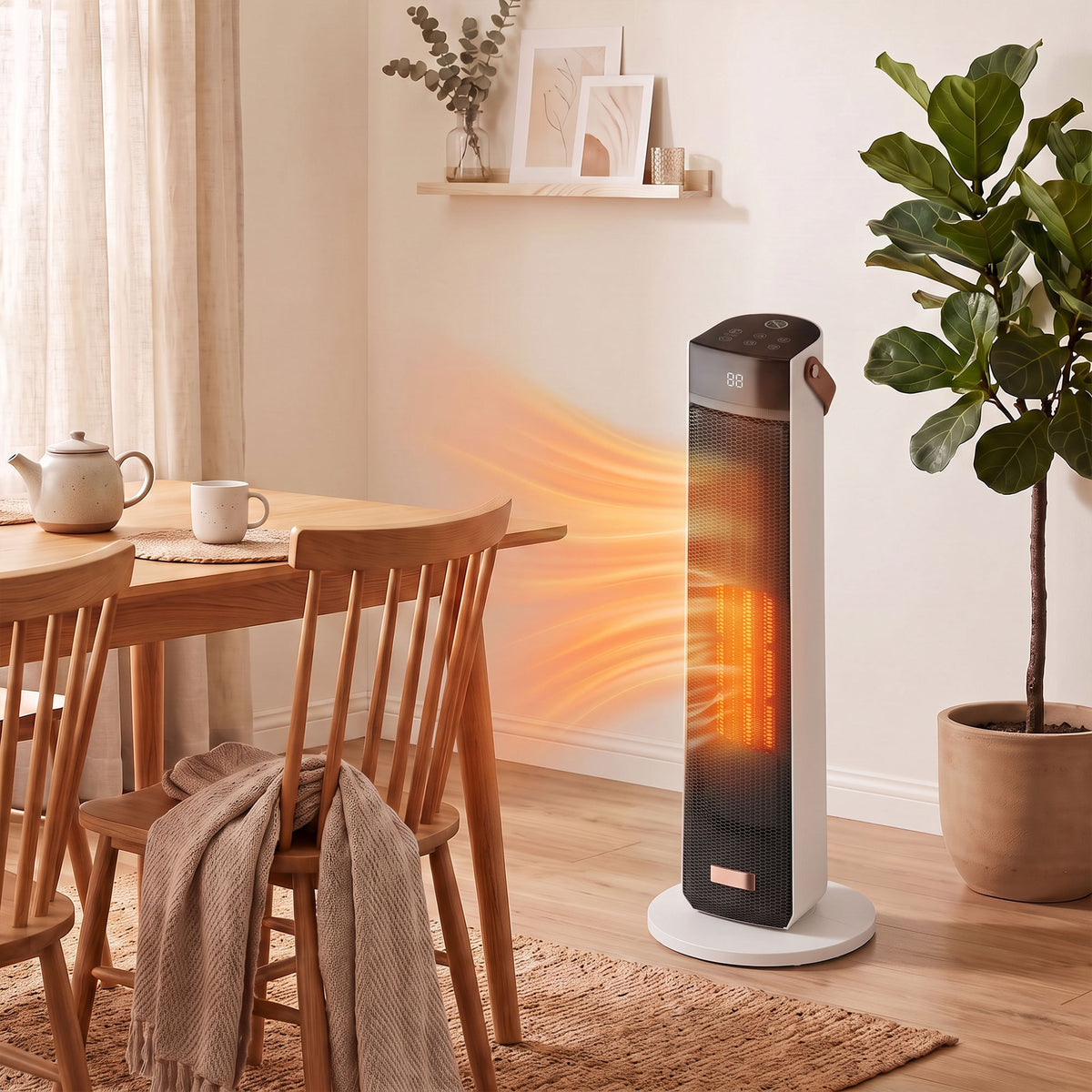 Portable ceramic tower heater with flame-effect glow on white base near dining table