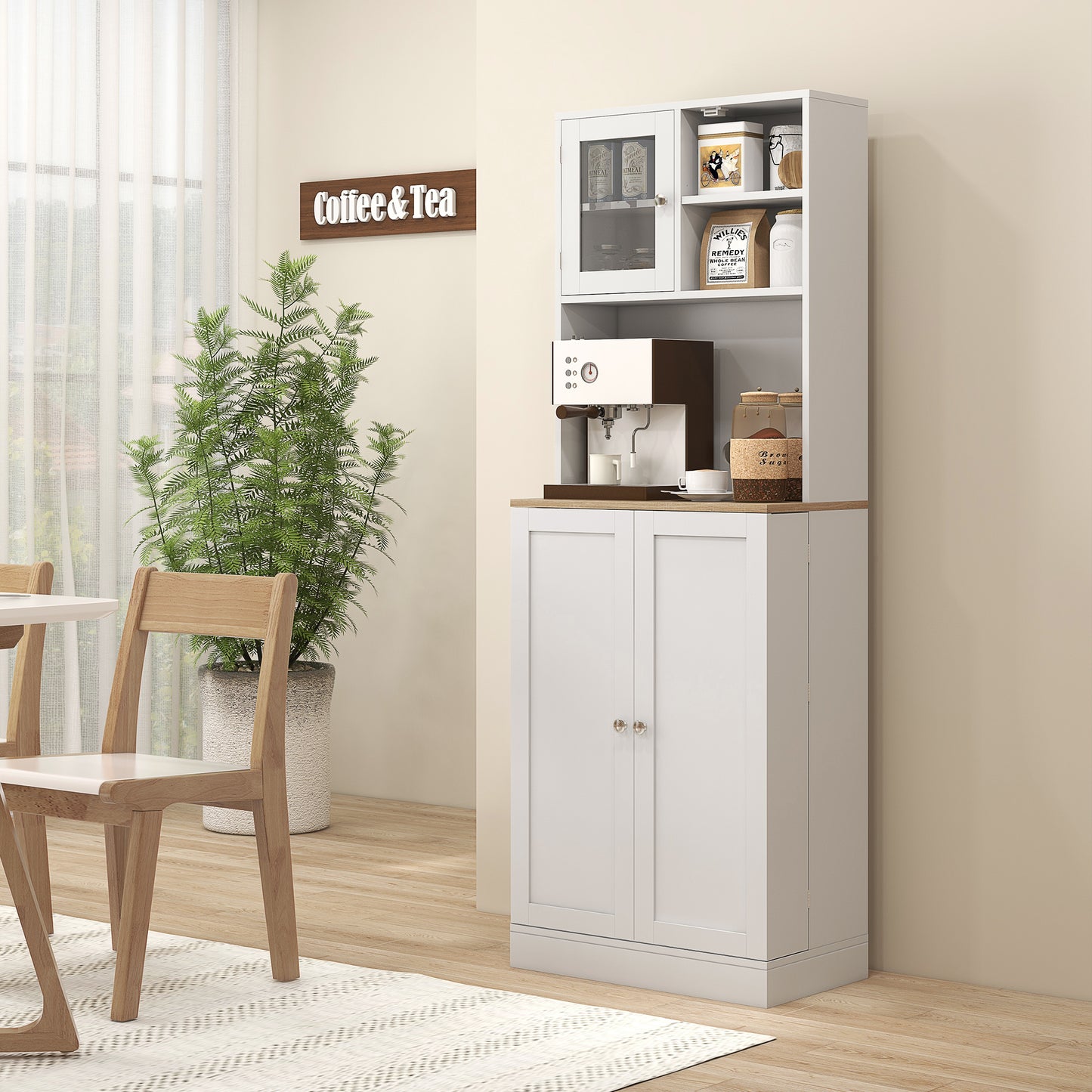 HOMCOM Two Part Kitchen Storage Cabinet White Pantry Cupboard With Microwave Compartment And Multiple Shelves