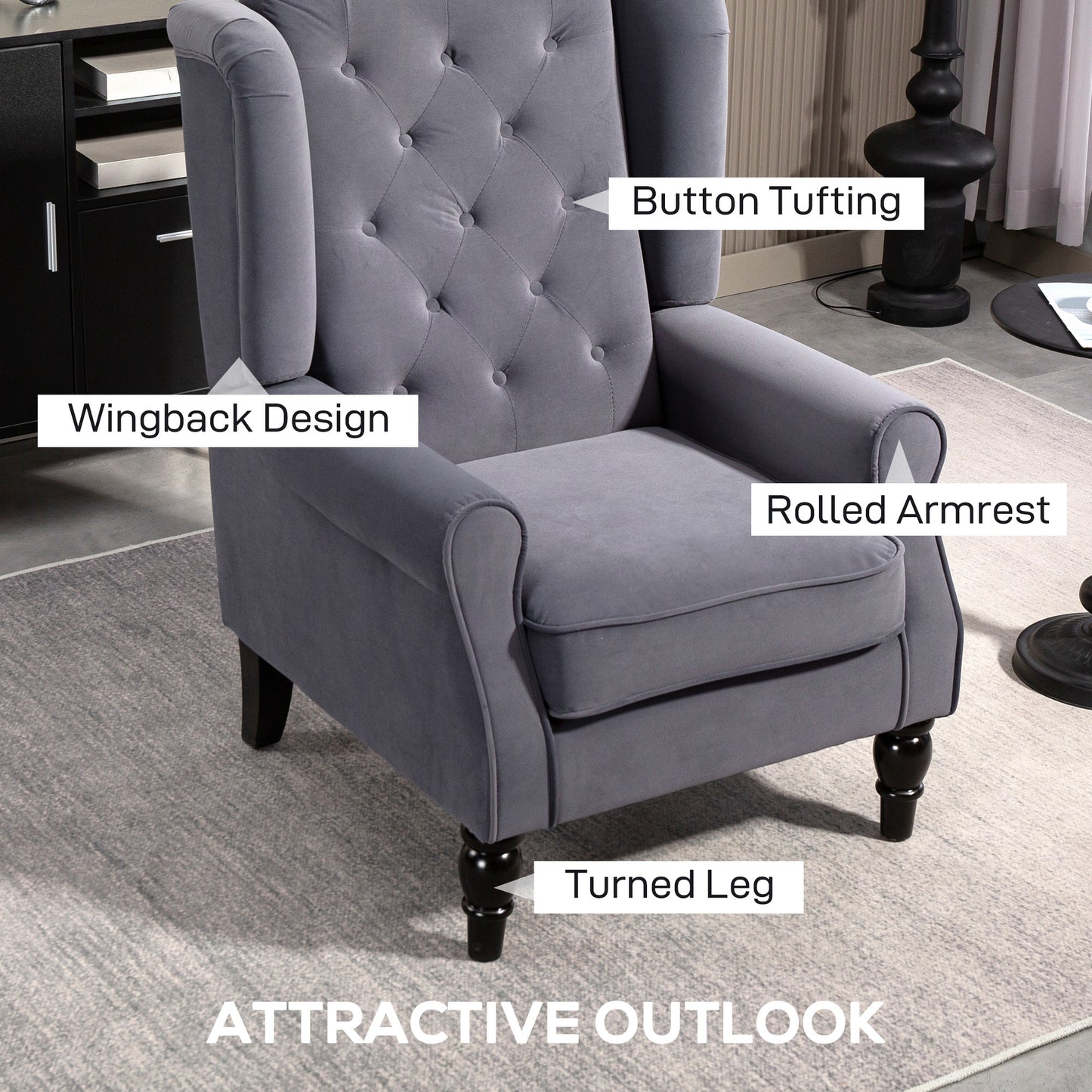 HOMCOM Wingback Accent Chair Retro Upholstered Tufted Armchair for Living Room and Bedroom Charcoal Grey