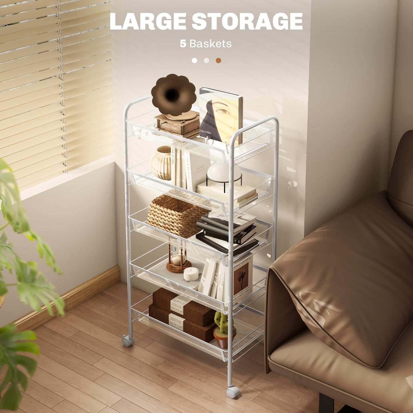 HOMCOM Five Tier Steel Mesh Basket Storage Trolley With Wheels White For Kitchen Home Office Garage And More