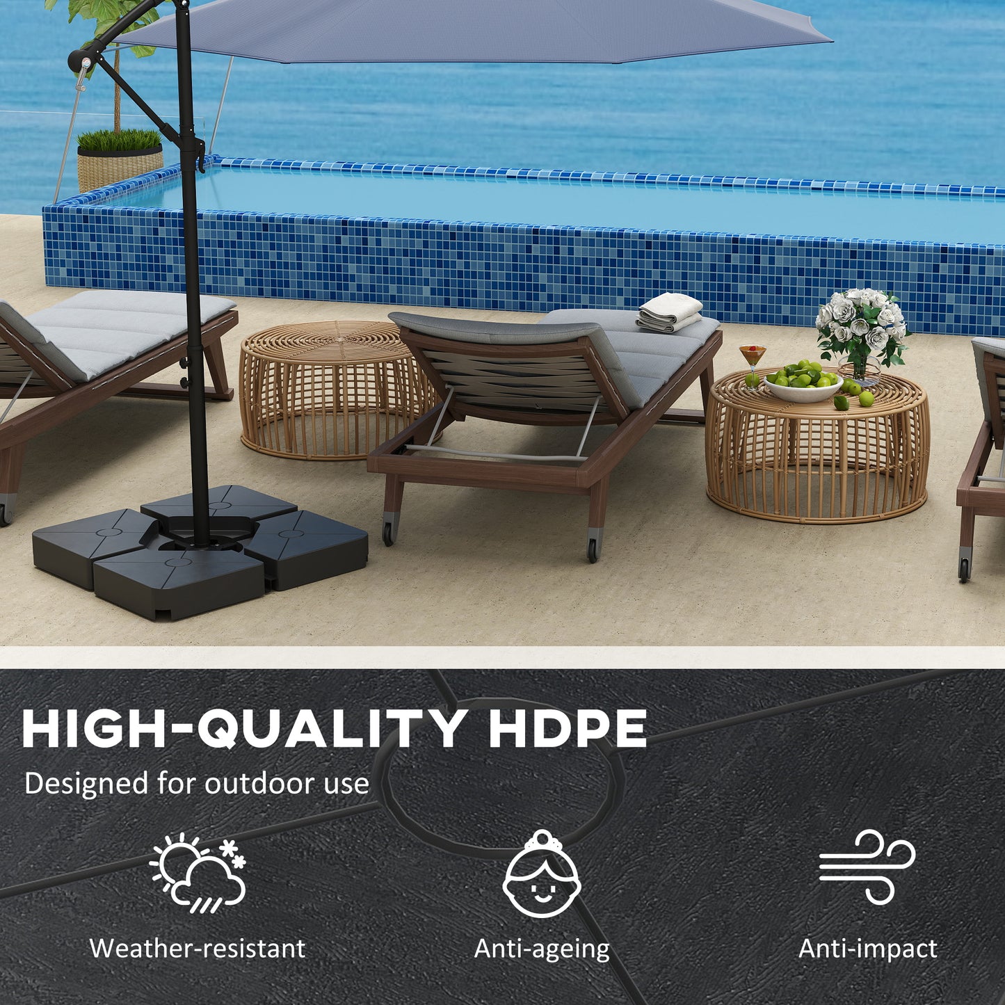 Outsunny Umbrella Weights for Cantilever Parasols Set of 4 Heavy Duty Base Weights 64kg Sand or 55kg Water Filled Black