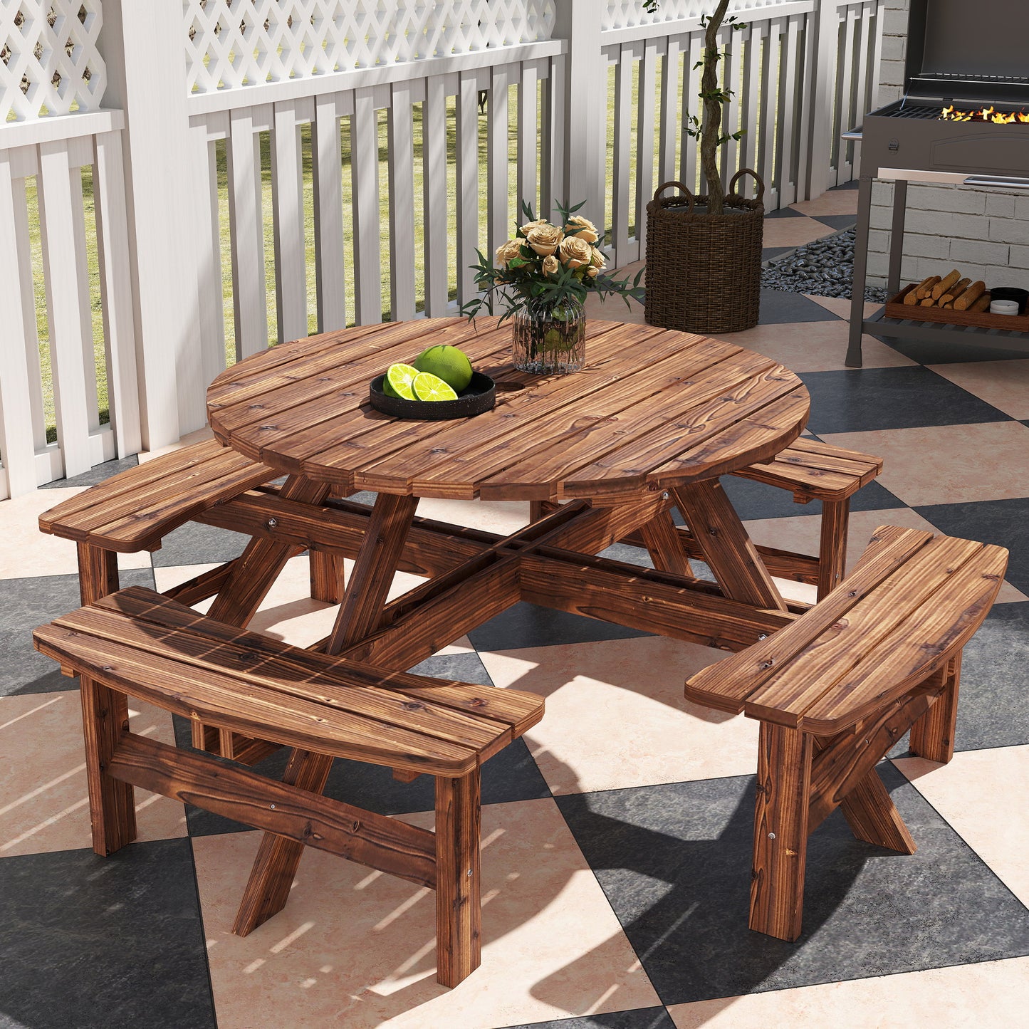 Outsunny Wooden Garden Dining Set 8 Seater Patio Furniture Round Picnic Table With Parasol Hole Tan