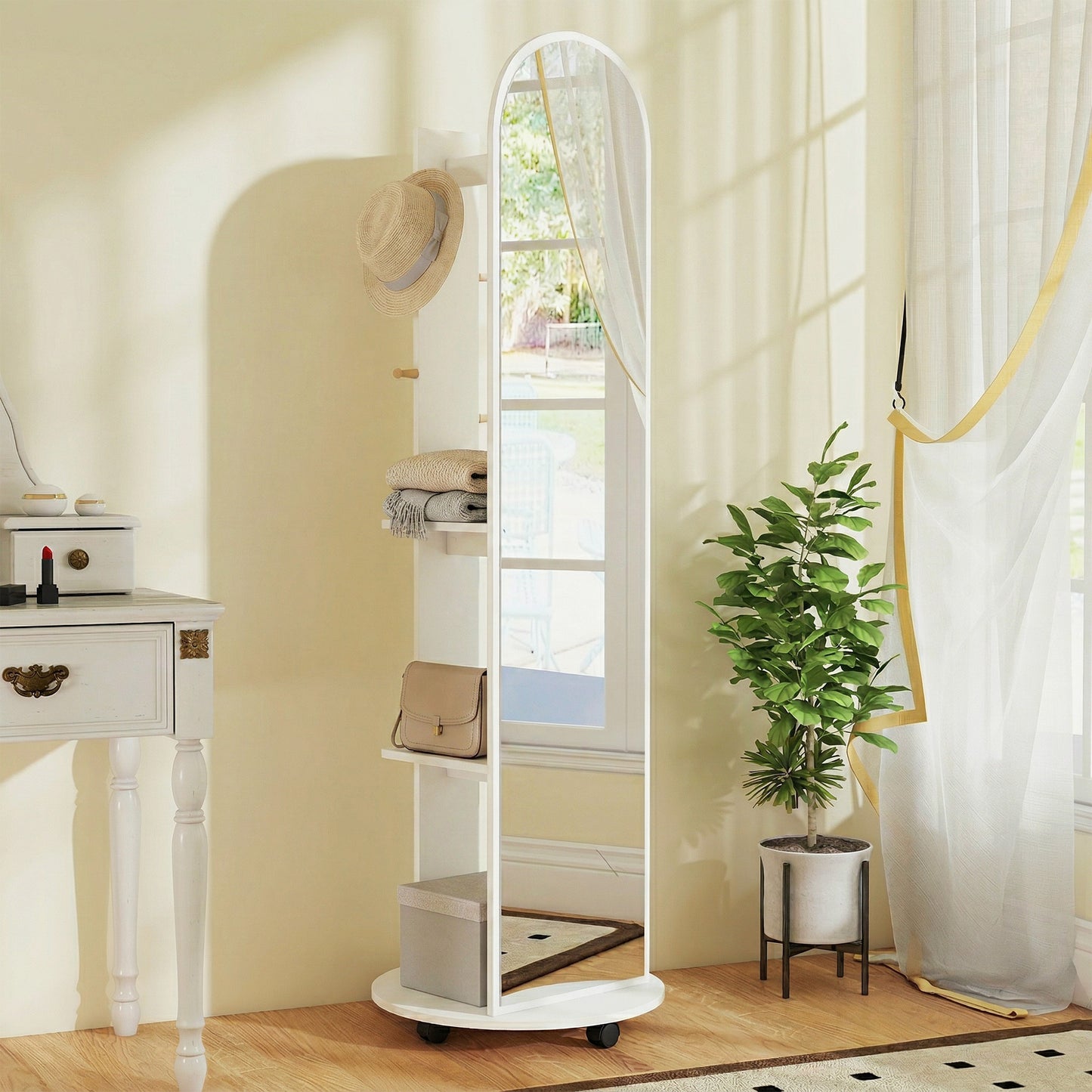 HOMCOM 2 In 1 Full Length Mirror With Hidden Storage Shelves Coat Rack And Hooks White Floor Mirror With Wheels