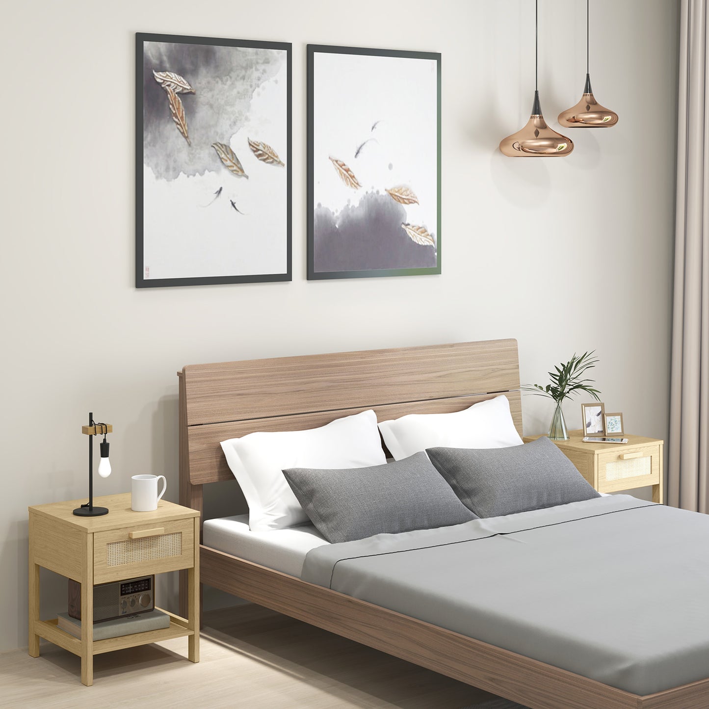 HOMCOM Bedside Table Set Of 2 With Rattan Drawer And Storage Shelf In Natural Rustic Finish