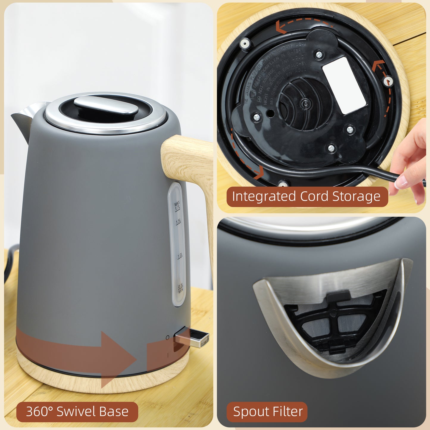 HOMCOM Kettle And Toaster Set 1.7L 3000W 2 Slice With 7 Browning Levels Defrost Reheat Auto Off Boil Dry Protection Grey