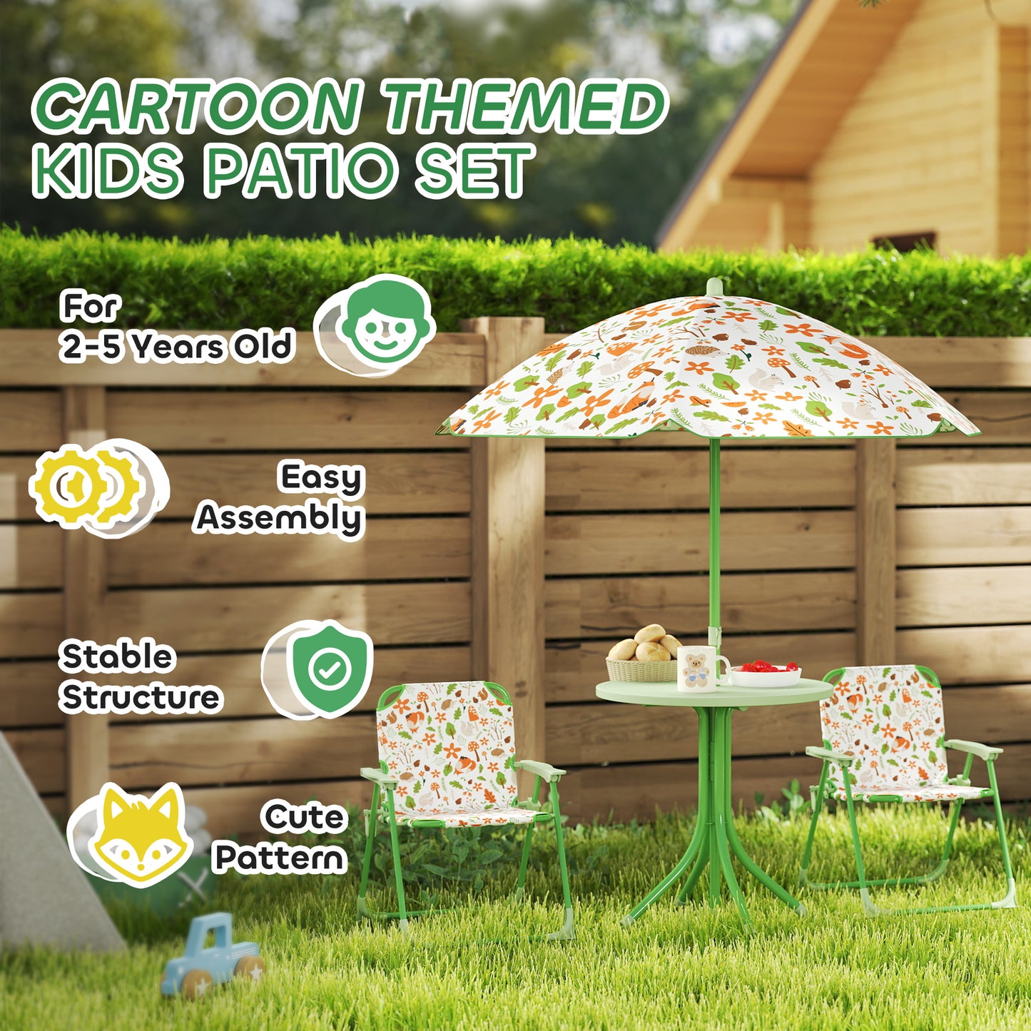 AIYAPLAY 4 Piece Kids Garden Table And Chair Set With Adjustable Parasol Folding Chairs And Table Nature Pattern Green