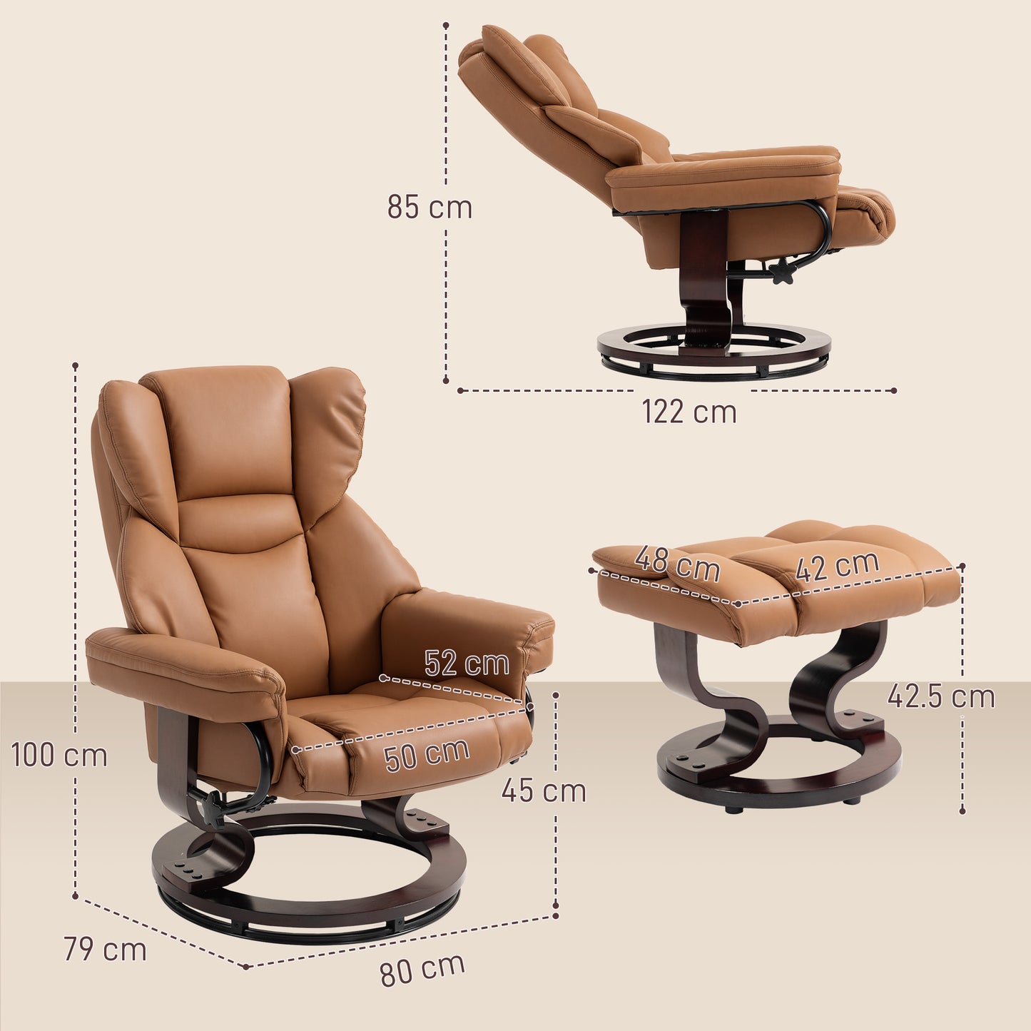 HOMCOM Faux Leather Reclining Armchair And Footstool In Brown With Wide Seat And Thick Padding For Maximum Comfort