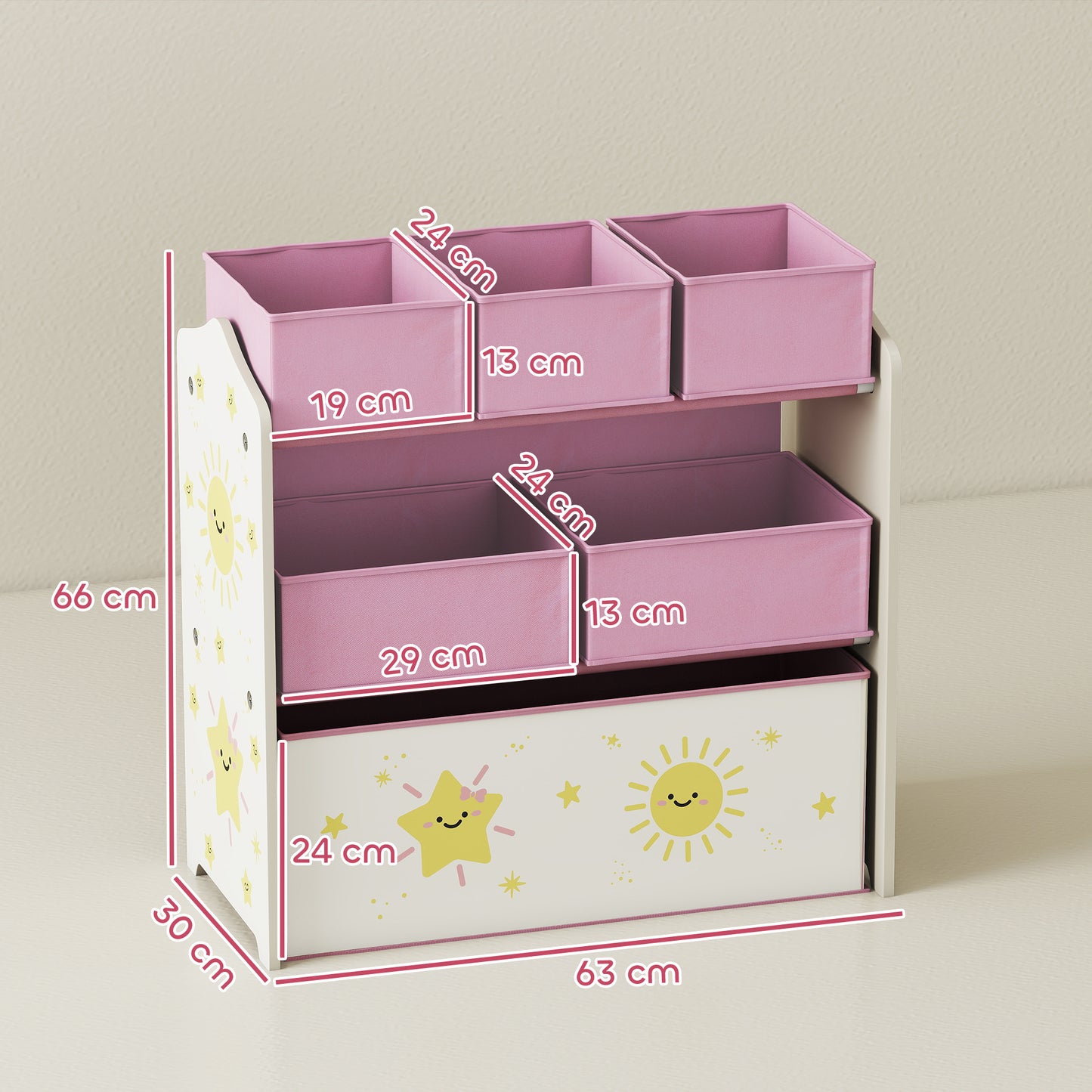 AIYAPLAY Kids Toy Storage Units 3 Tier Organiser Shelf With 6 Removable Boxes For Kids Bedroom Playroom Pink