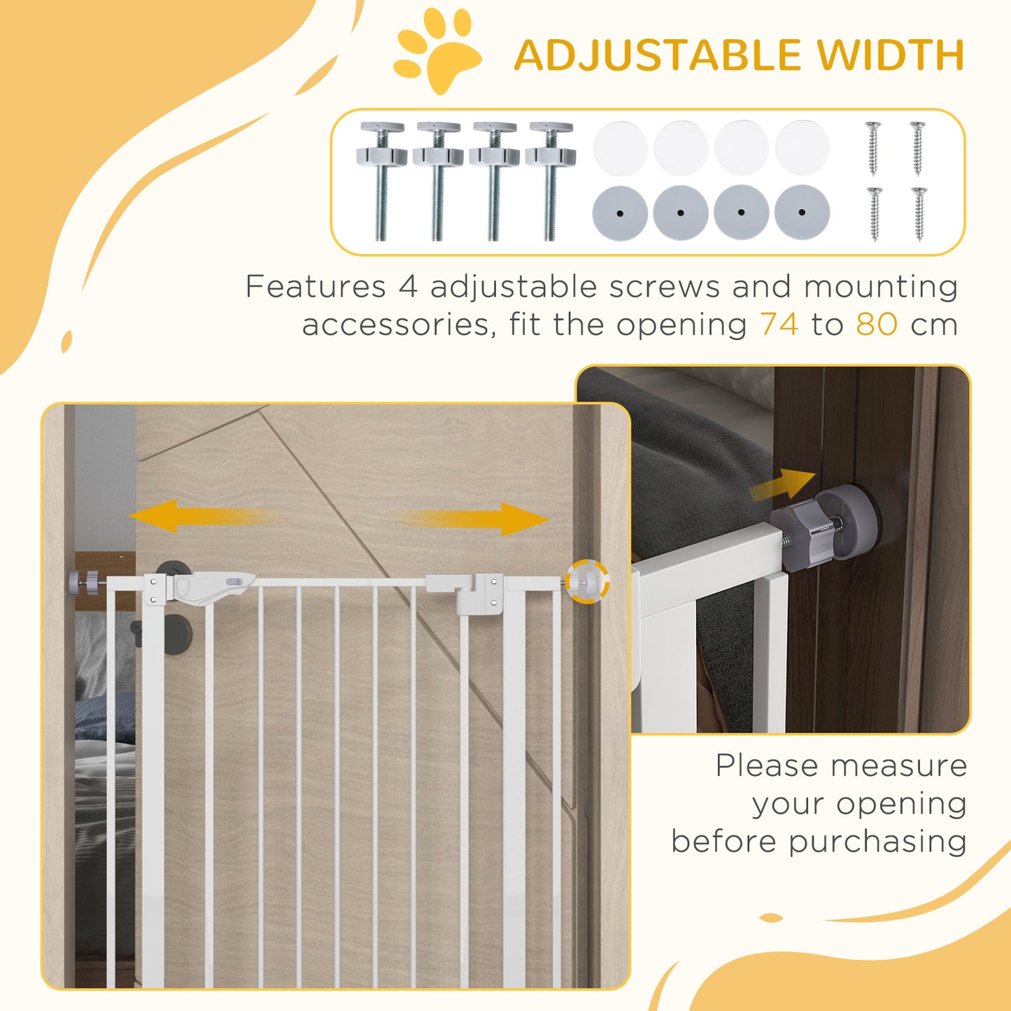 PawHut Extra Tall Indoor Pet Barrier with Cat Access, Automatic Close Feature, Fits 74-80cm Wide - White - ALL4U RETAILER LTD