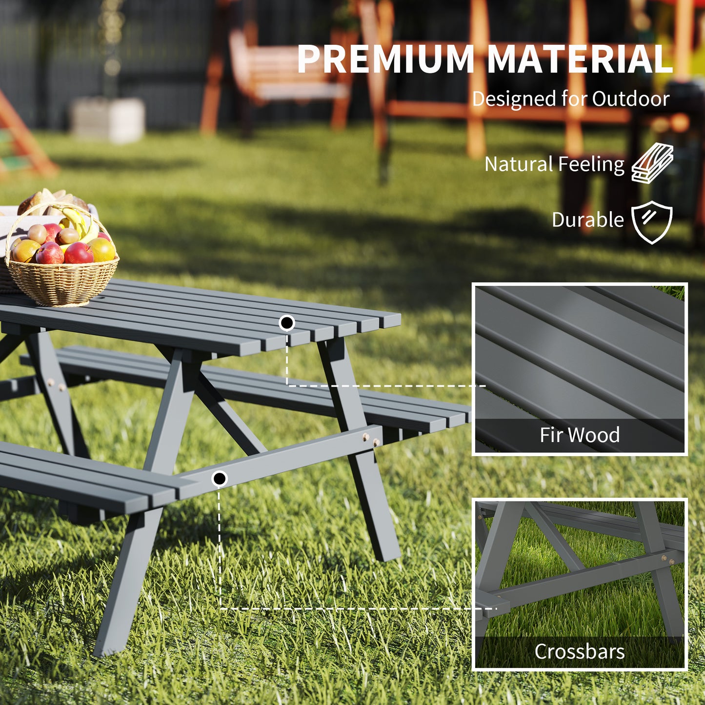 Outsunny 6 Seater Wooden Picnic Table Bench For Outdoor Garden And Patio With Parasol Cutout 150 Cm Grey