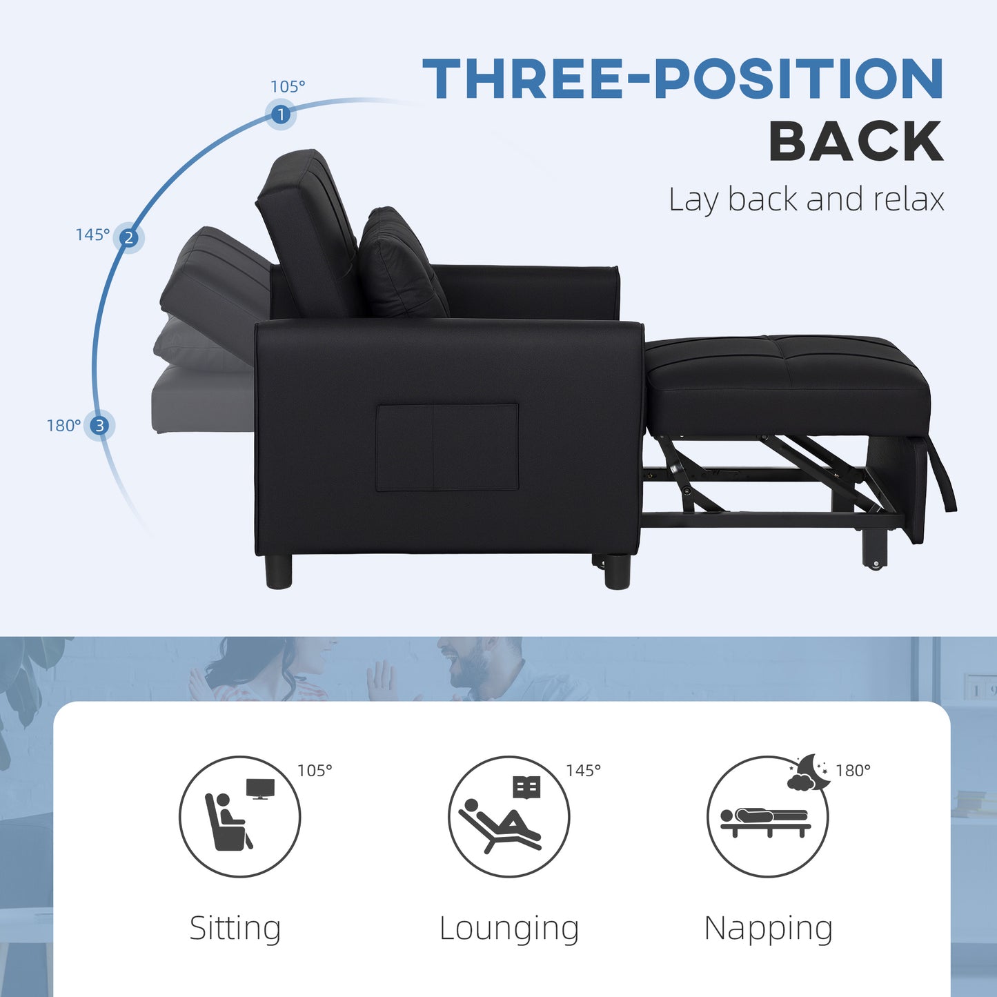 HOMCOM Linen Look 3 In 1 Single Chair Bed With 11 cm Thick Adjustable Back And Eucalyptus Wood Frame Black