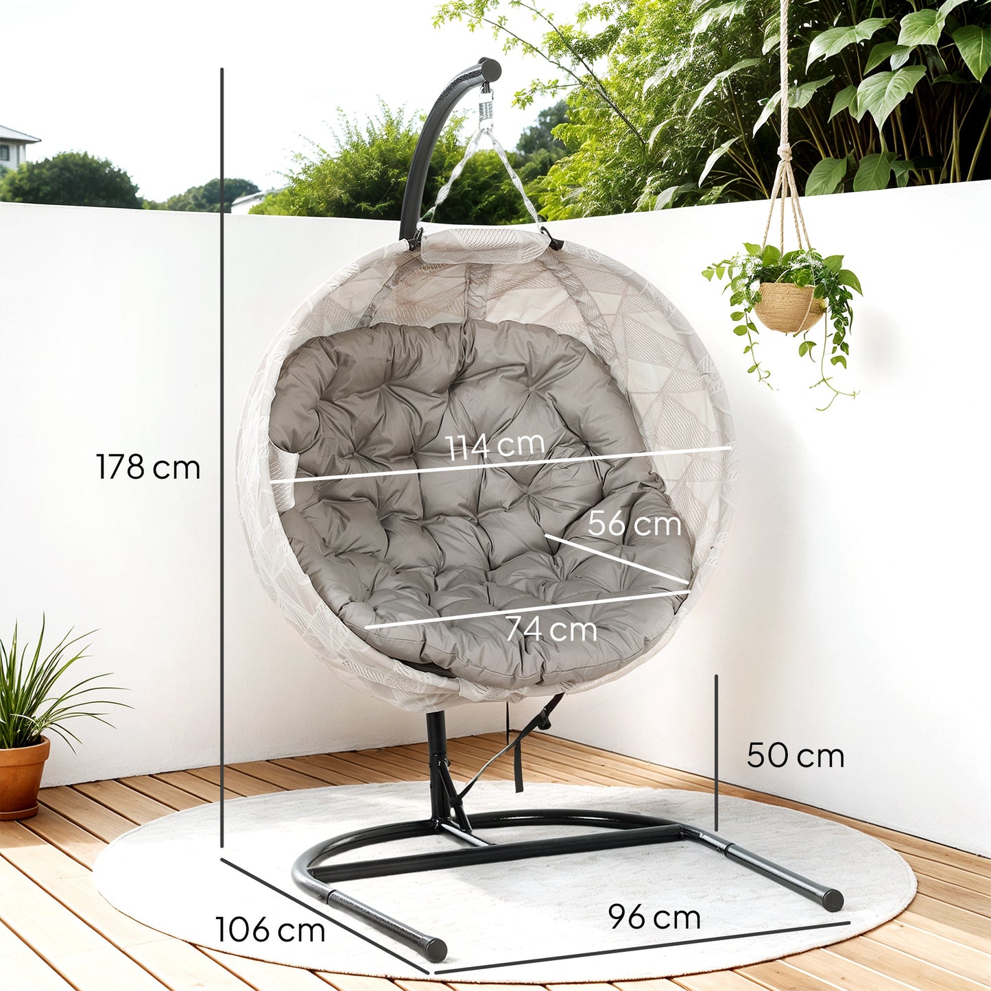 Outsunny Hanging Egg Chair With Stand For Patio Garden Swing Thickened Cushion Cup Holder And Folding Basket Sand Brown