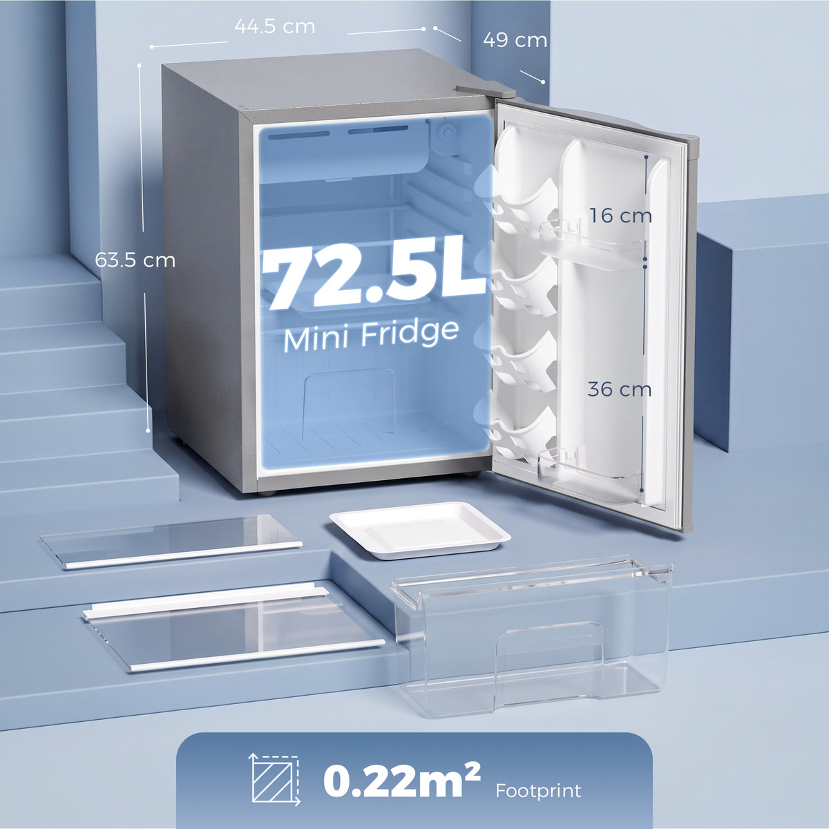 Grey 73L mini fridge dimensions view with open door and removable trays
