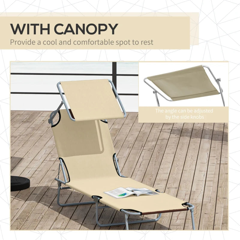 Outsunny Outdoor Foldable Sun Lounger | 4-Level Adjustable Backrest Reclining Sun Lounger Chair with Angle Adjust Sun Shade Awning | for Beach, Garden, Patio | Beige - ALL4U RETAILER LTD