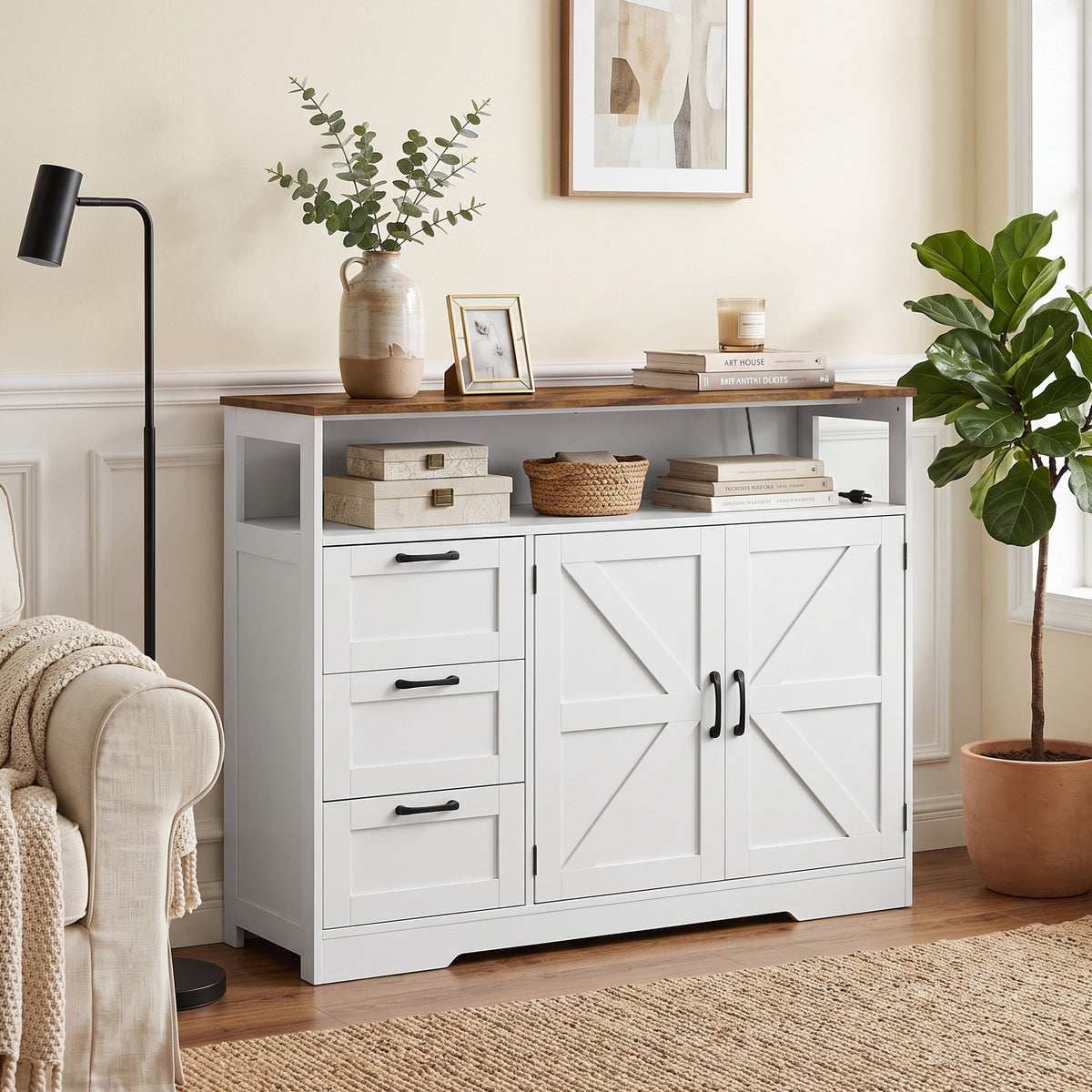 HOMCOM Farmhouse Sideboard Cabinet With Power Outlet 3 Drawers And Open Shelf