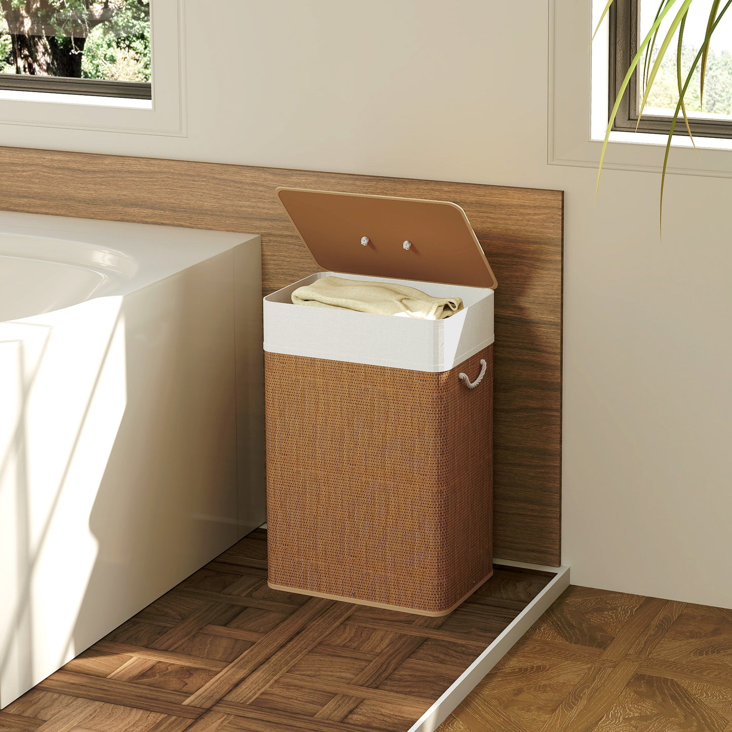 HOMCOM Bamboo Laundry Basket With Lid 72L Hamper With Rope Handles And Removable Liner Bag Brown
