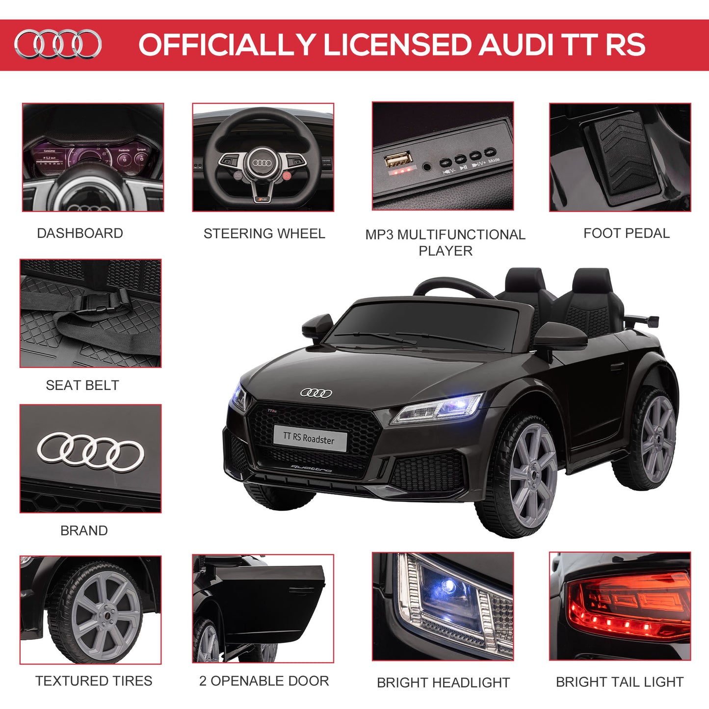 HOMCOM Audi TT RS 12V Kids Electric Ride-On Car with Remote Control, Lights, Horn, and MP3 Player - Black - ALL4U RETAILER LTD