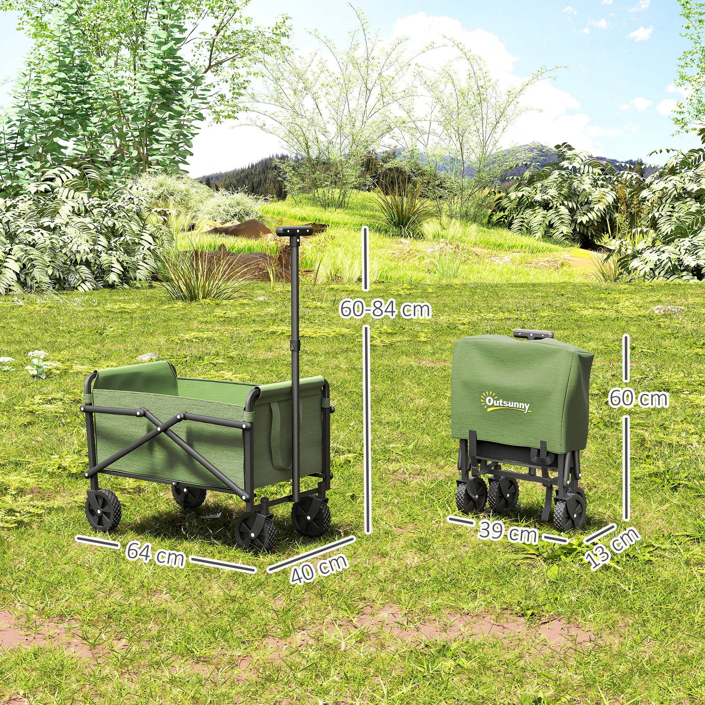 Outsunny 41L Festival Trolley On Wheels Compact Garden Folding Trolley Cart 60kg Heavy Duty Collapsible Wagon Green