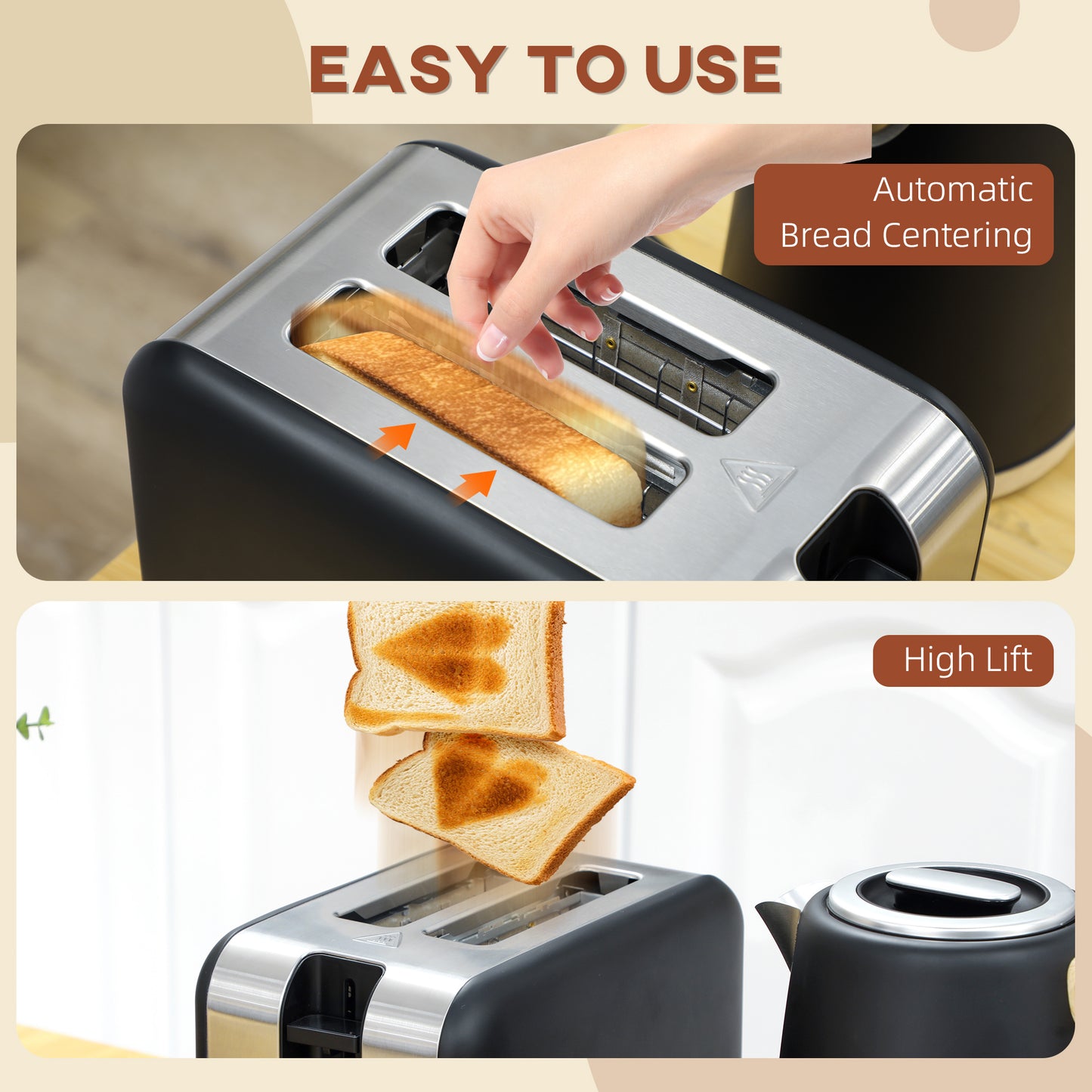 HOMCOM Stainless Steel Kettle And Toaster Set 1.7L 3000W 2 Slice With 7 Browning Levels Defrost Reheat Auto Off Black