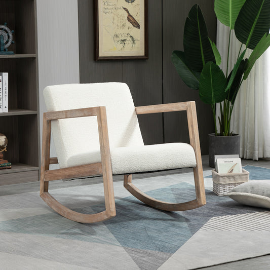 HOMCOM Rocking Chair Upholstered Armchair with Cushion and Wood Base for Living Room and Bedroom Cream White