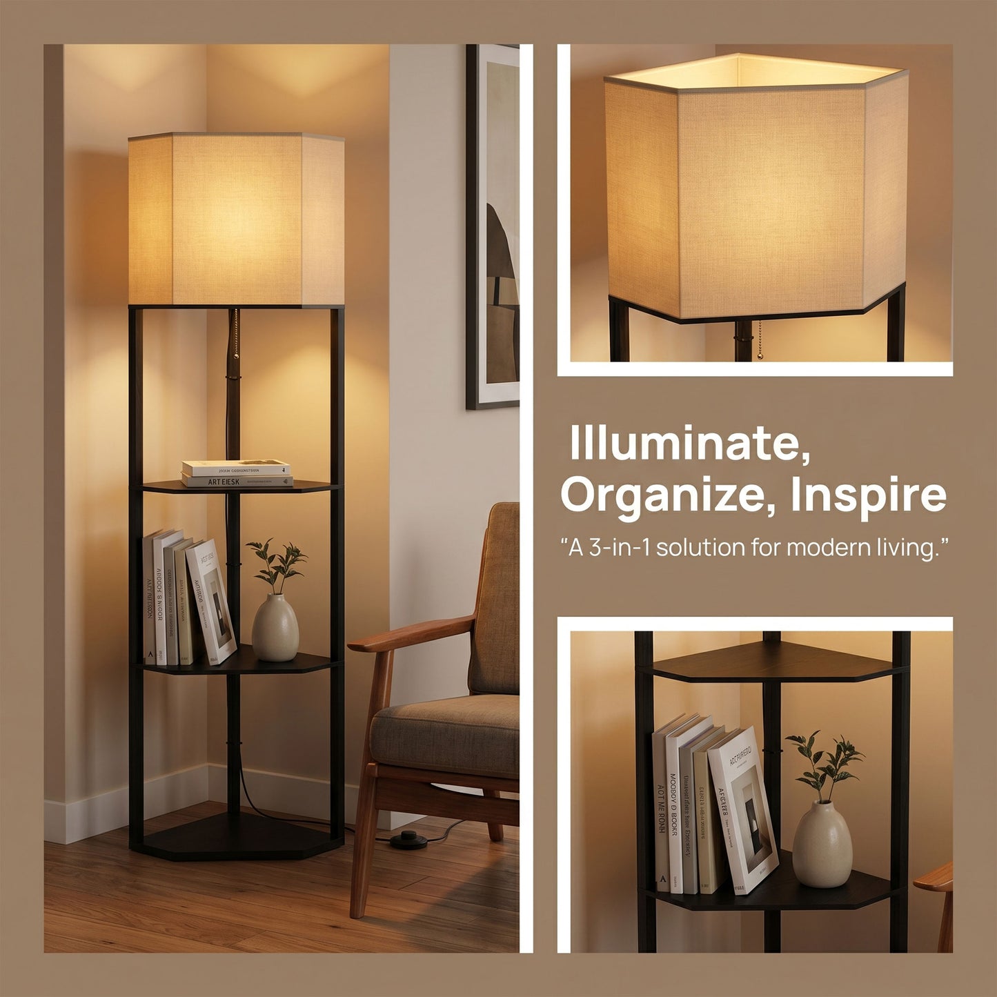 HOMCOM Corner Floor Lamp With Shelves And Dimmable Lights 3000K 4000K 6000K Color Temperature