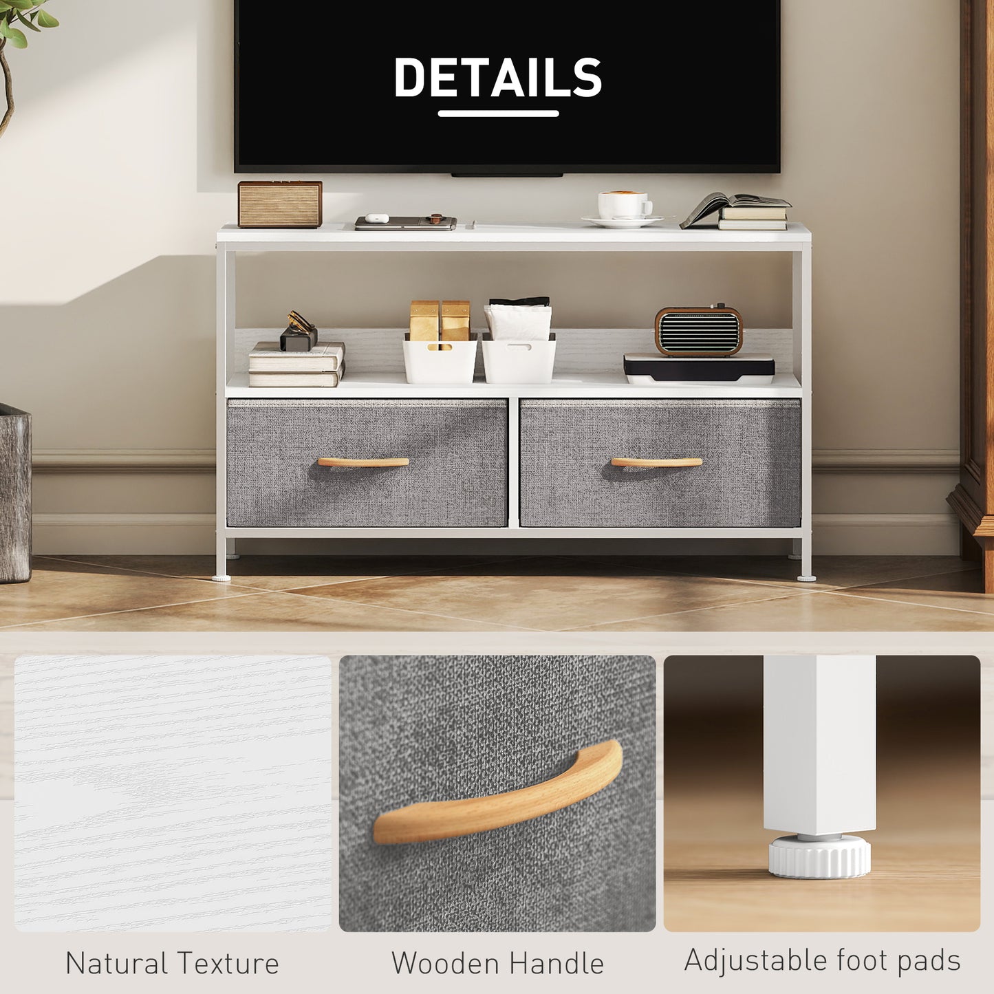 HOMCOM TV Stand Cabinet With 2 Foldable Drawers White Two Tone Finish Fits Up To 47 Inch TV