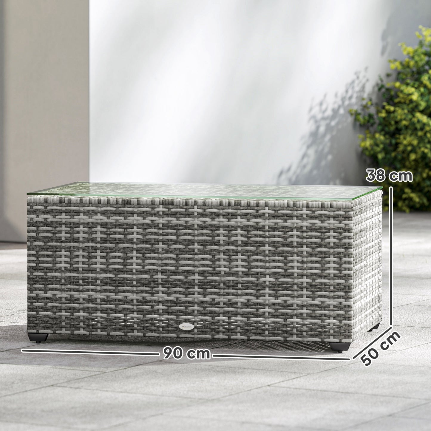 Outsunny 90 x 50 cm Tempered Glass Top Rattan Side Table Light Grey Garden Furniture
