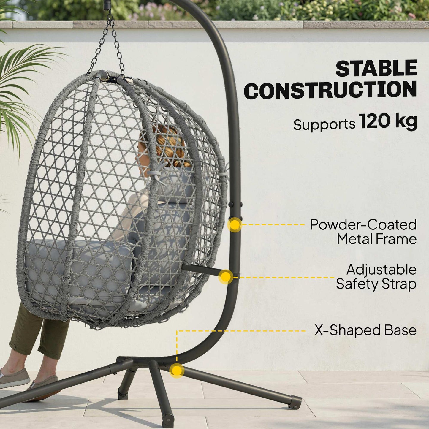 Outsunny Hanging Egg Chair Indoor Outdoor Rattan Hammock Swing Chair With Stand Safety Strap Foldable Basket Dark Grey