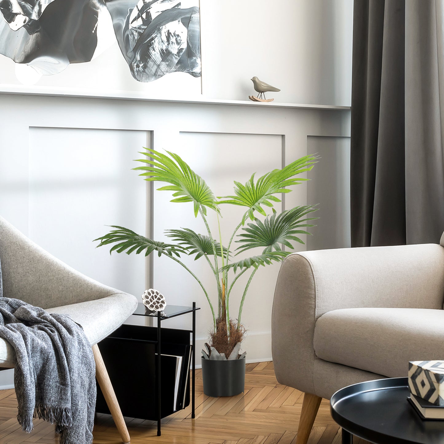 HOMCOM 94cm Artificial Palm Tree With Realistic PEVA Leaves And Coconut Coir In Plastic Pot For Home Office Decor Green