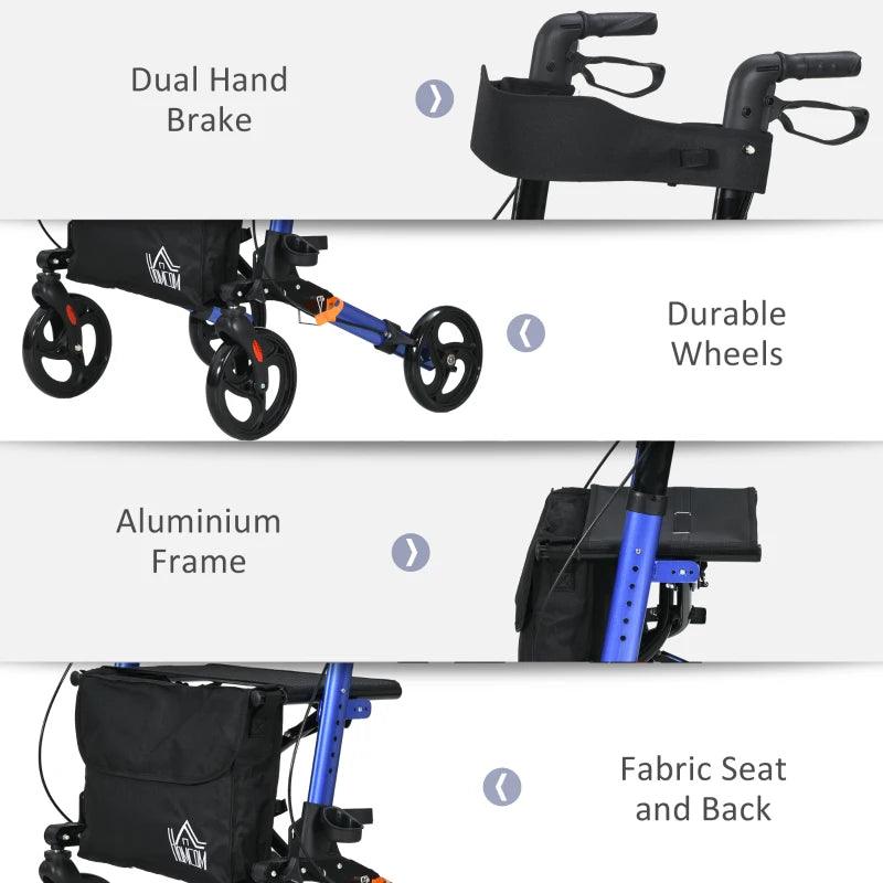 HOMCOM 4 Wheel Rollator with Seat and Back - Folding Mobility Walker with Carry Bag, Adjustable Height, Dual Brakes, Cane Holder - Lightweight Aluminium Walking Frame for Seniors and Disabled - ALL4U RETAILER LTD