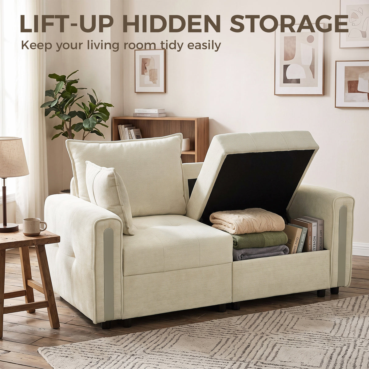 Beige velvet 2-seater loveseat with lift-up hidden storage compartment on the right side.