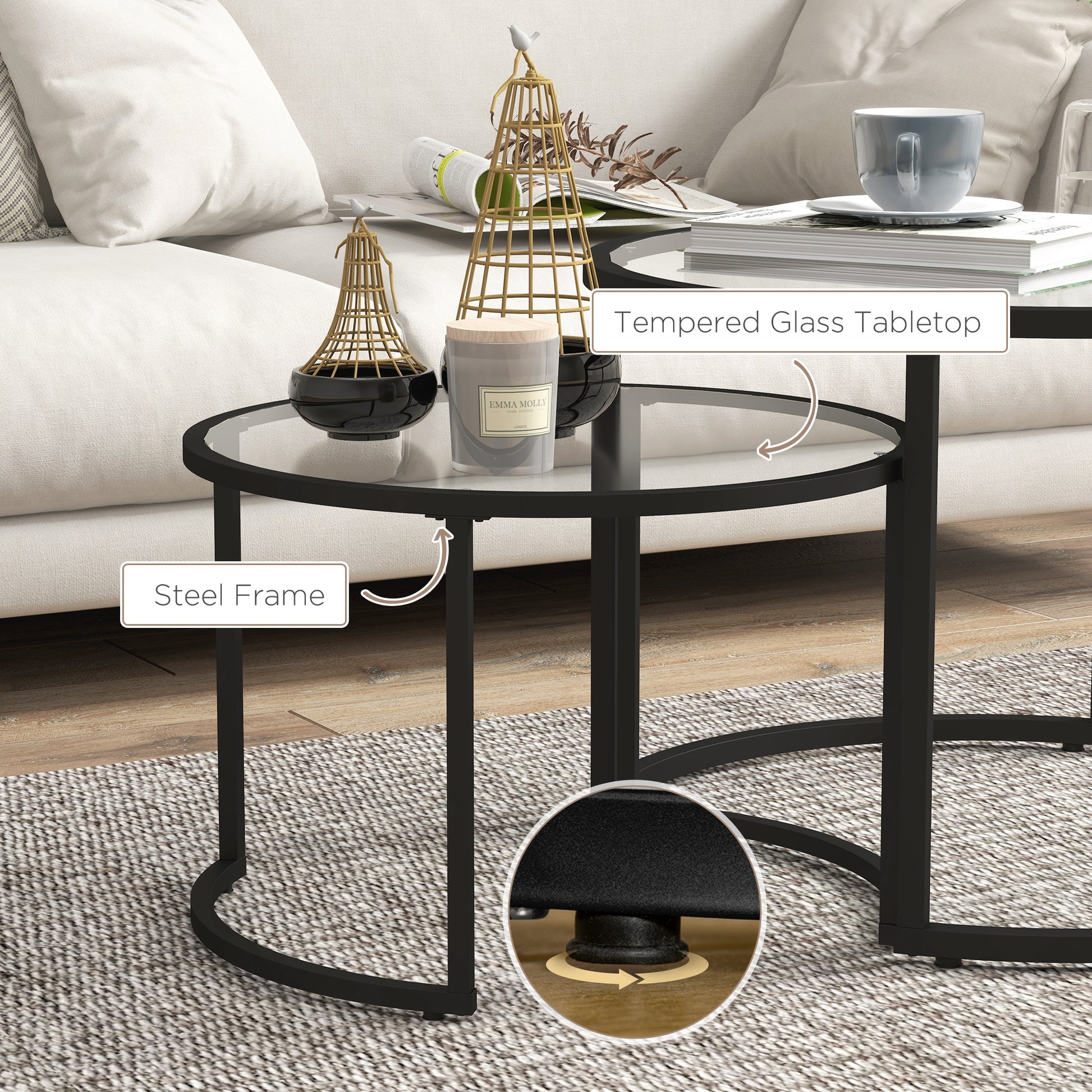 HOMCOM Modern Black Nesting Glass Coffee Tables Set of 2 with Steel Frame for Living Room - ALL4U RETAILER LTD