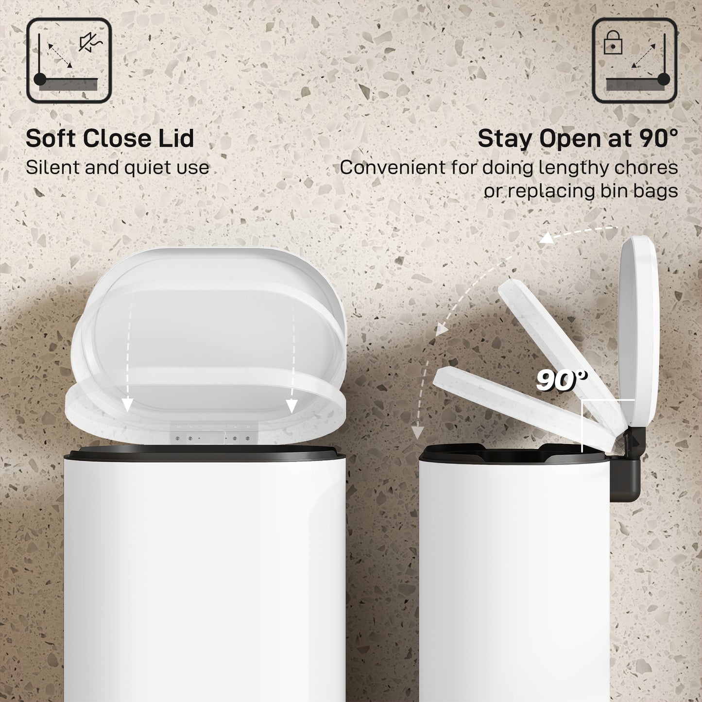 HOMCOM 30 L Modern Curved Kitchen Bin with Silent Soft Close Lid Cream Finish Pedal Operation